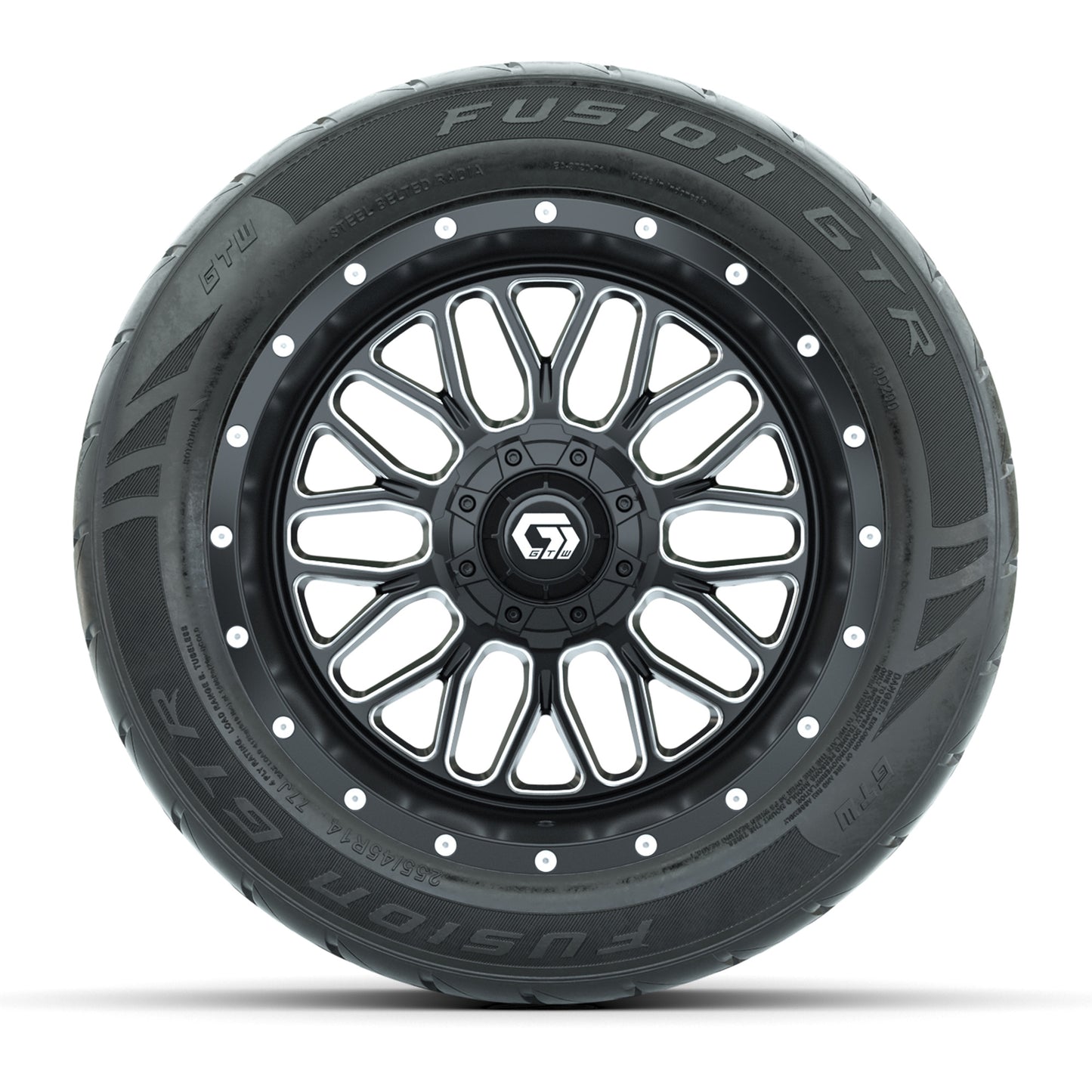 GTW® Helix Black/Machined 14 in Wheels with 255/45-R14 Fusion GTR Steel Belt Radial Street Tires – Full Set