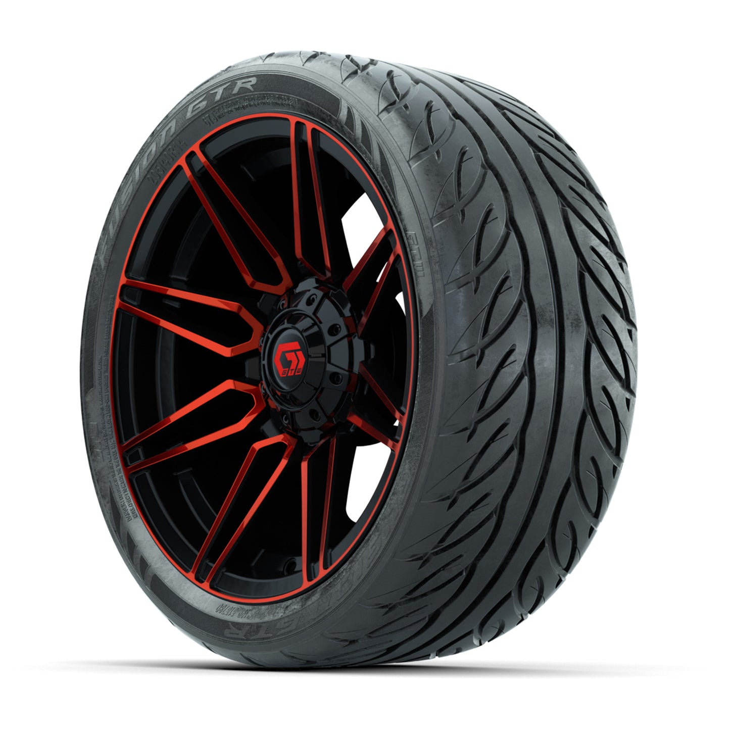 GTW® Stealth Gloss Black/Red 14 in Wheels with 205/40-R14 Fusion GTR Steel Belted Street Tires – Full Set