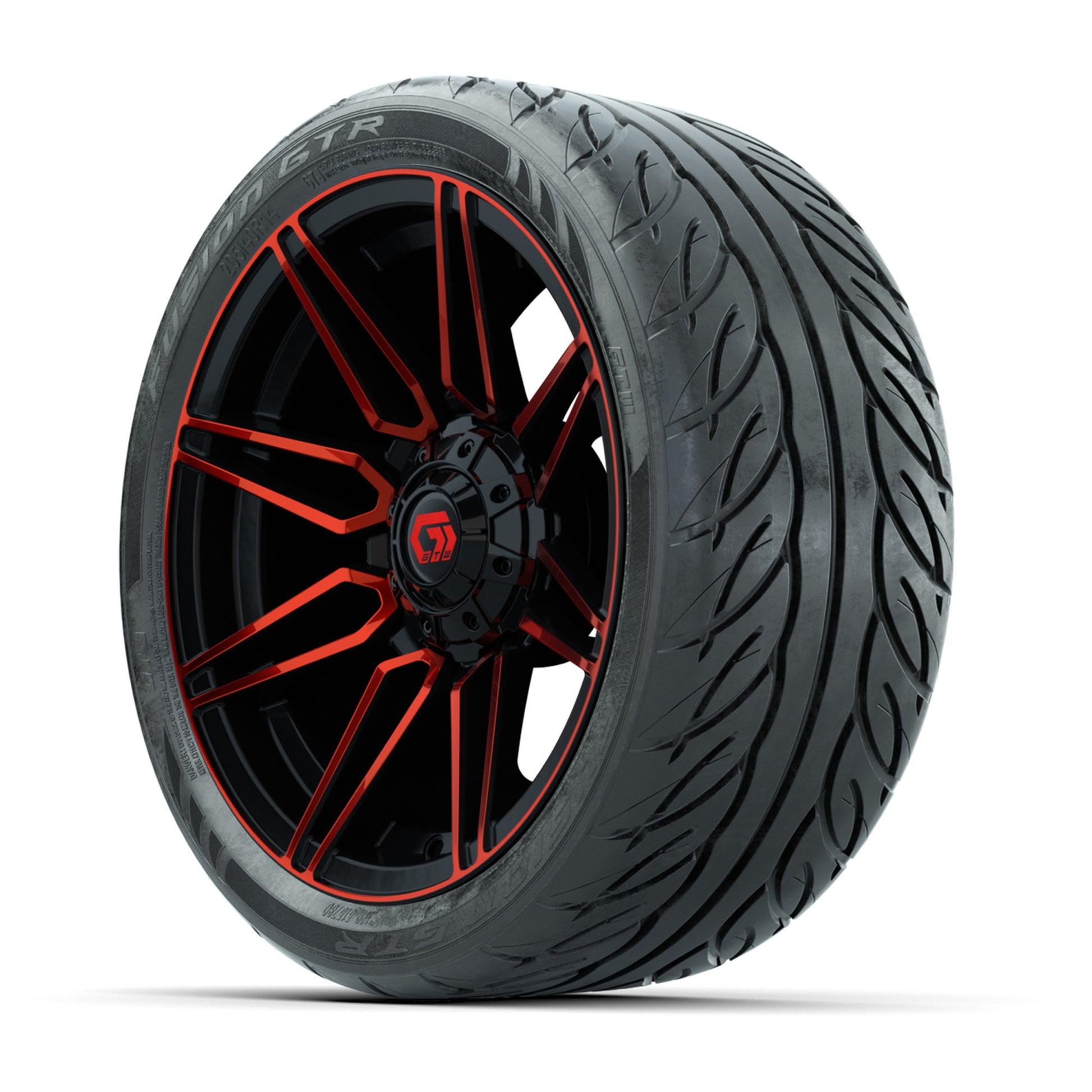 GTW® Stealth Gloss Black/Red 14 in Wheels with 205/40-R14 Fusion GTR Steel Belted Street Tires – Full Set