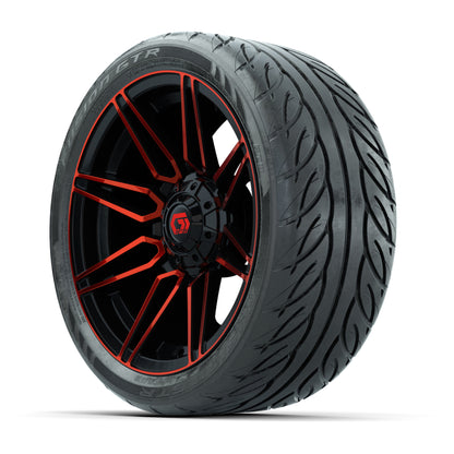 GTW® Stealth Gloss Black/Red 14 in Wheels with 205/40-R14 Fusion GTR Steel Belted Street Tires – Full Set
