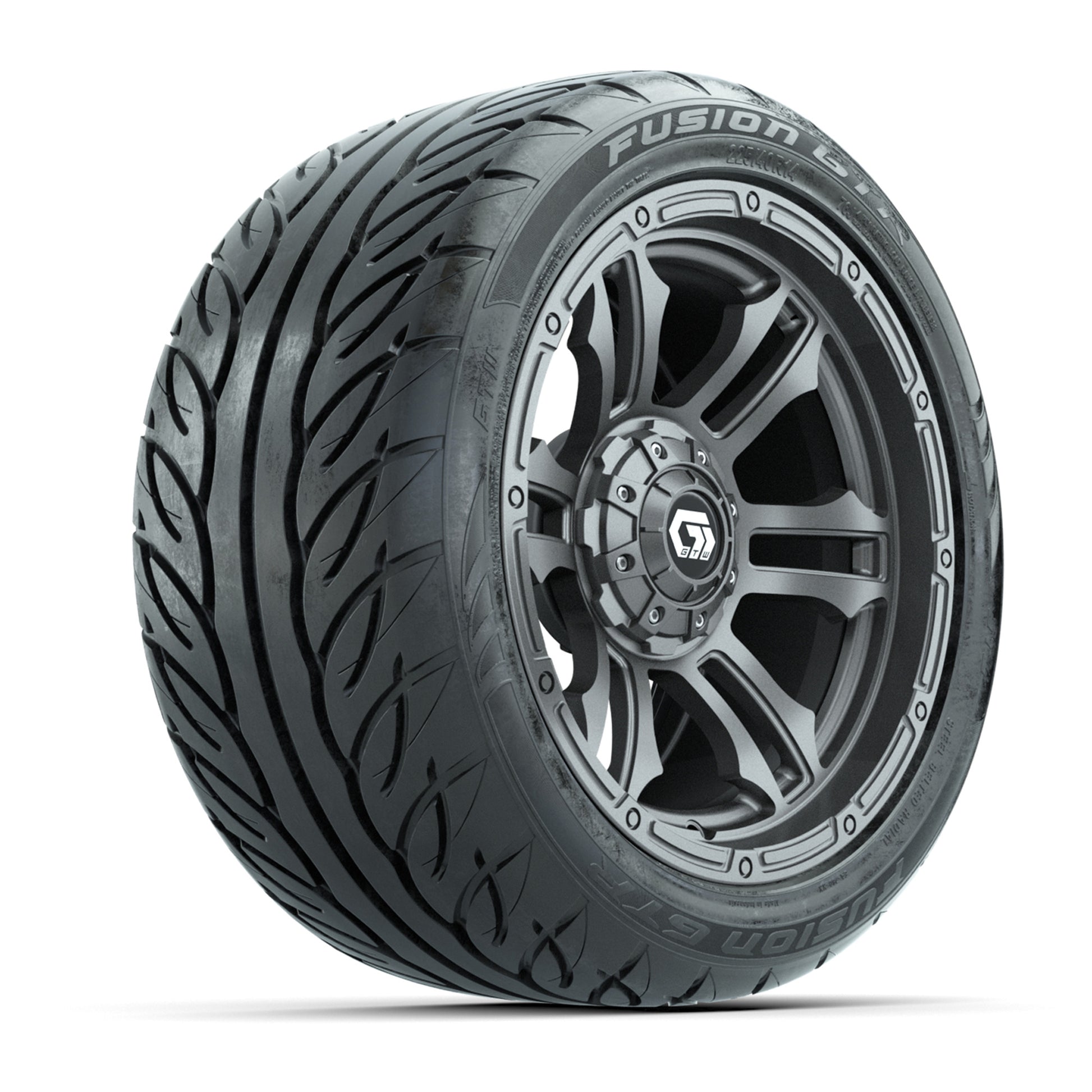 GTW® Shogun Gunmetal 14 in Wheels with 225/40-R14 Fusion GTR Steel Belt Radial Street Tires – Full Set