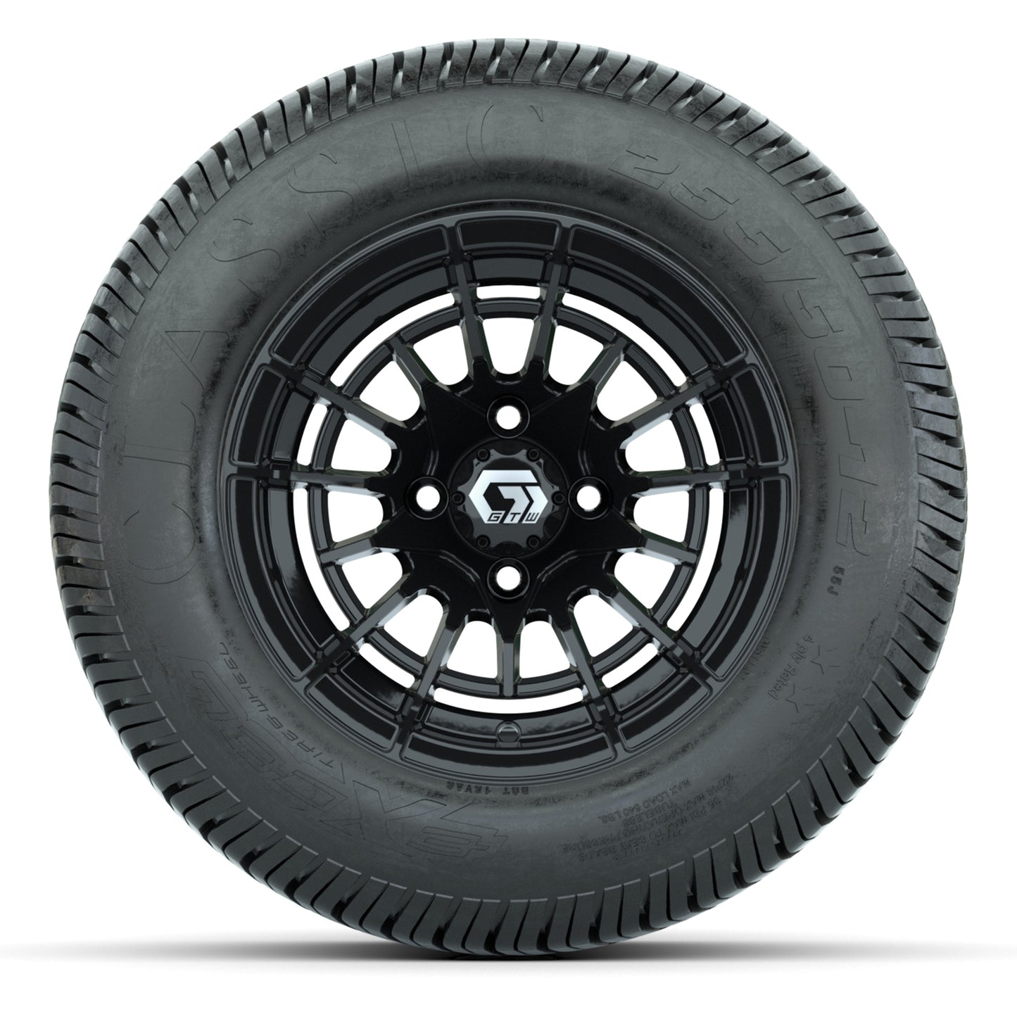 GTW® Boost Gloss Black 12 in Wheels with 255/50-12 Excel Classic Street Tires – Full Set