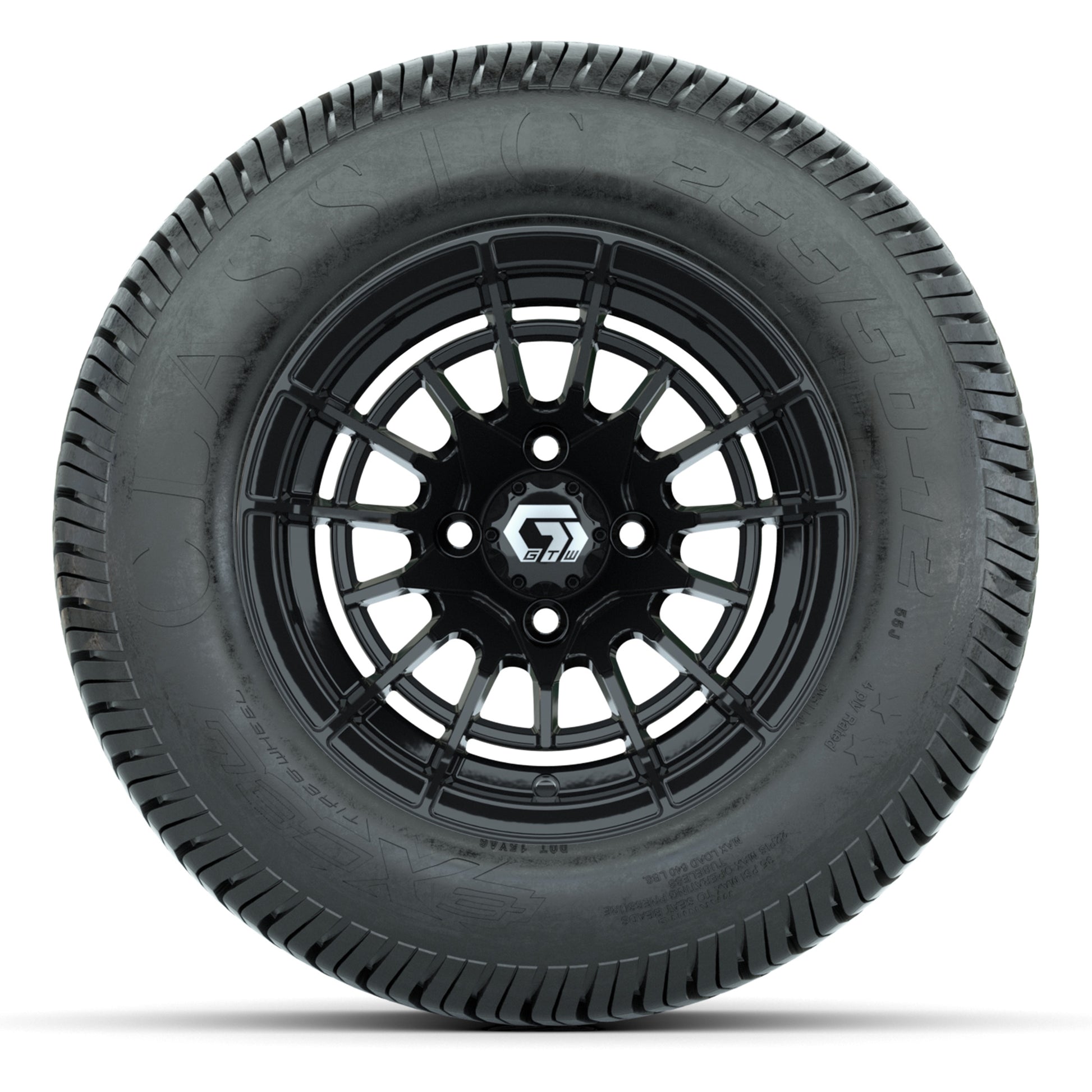 GTW® Boost Gloss Black 12 in Wheels with 255/50-12 Excel Classic Street Tires – Full Set