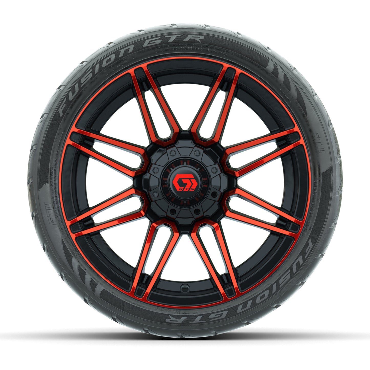 GTW® Stealth Gloss Black/Red 14 in Wheels with 205/40-R14 Fusion GTR Steel Belted Street Tires – Full Set