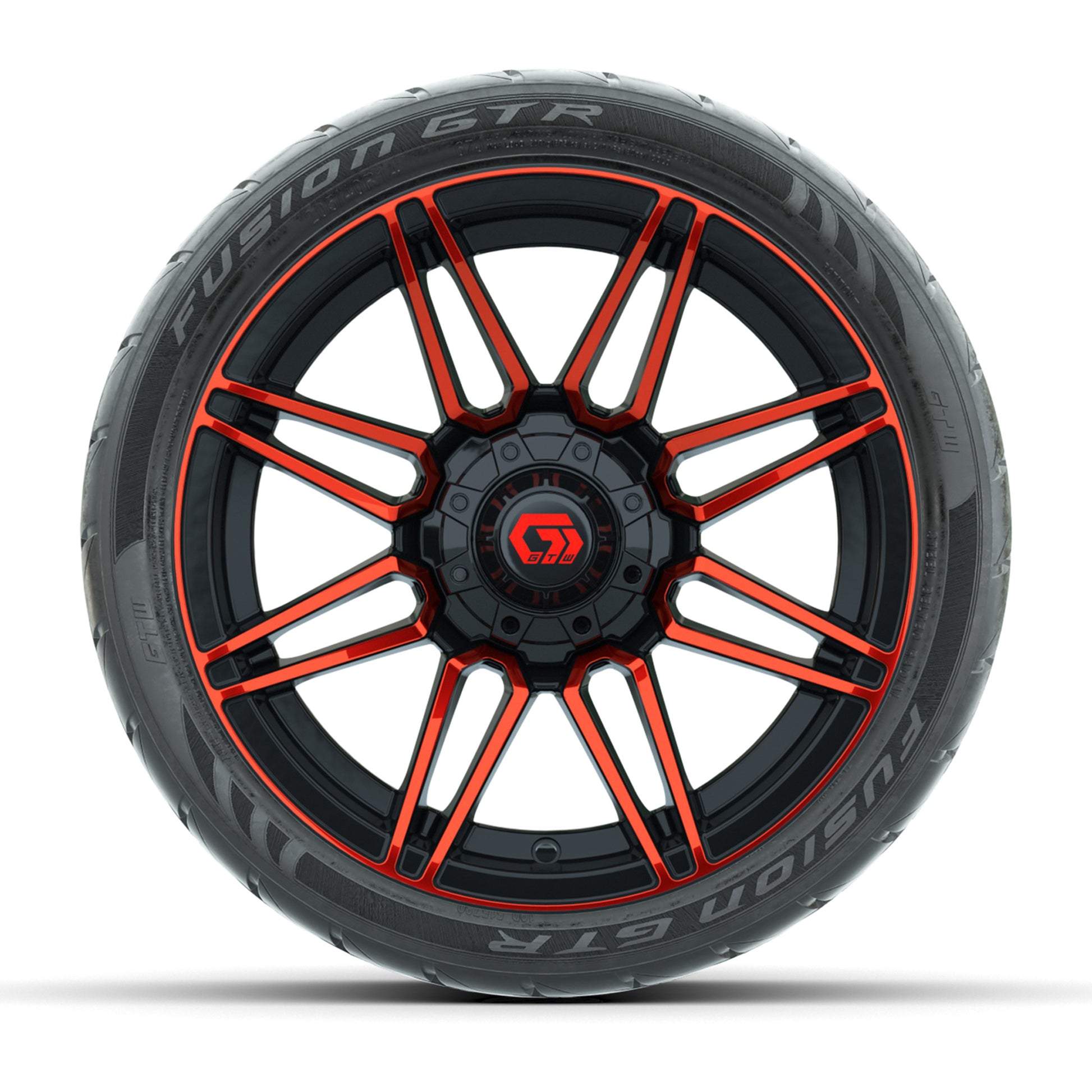 GTW® Stealth Gloss Black/Red 14 in Wheels with 205/40-R14 Fusion GTR Steel Belted Street Tires – Full Set