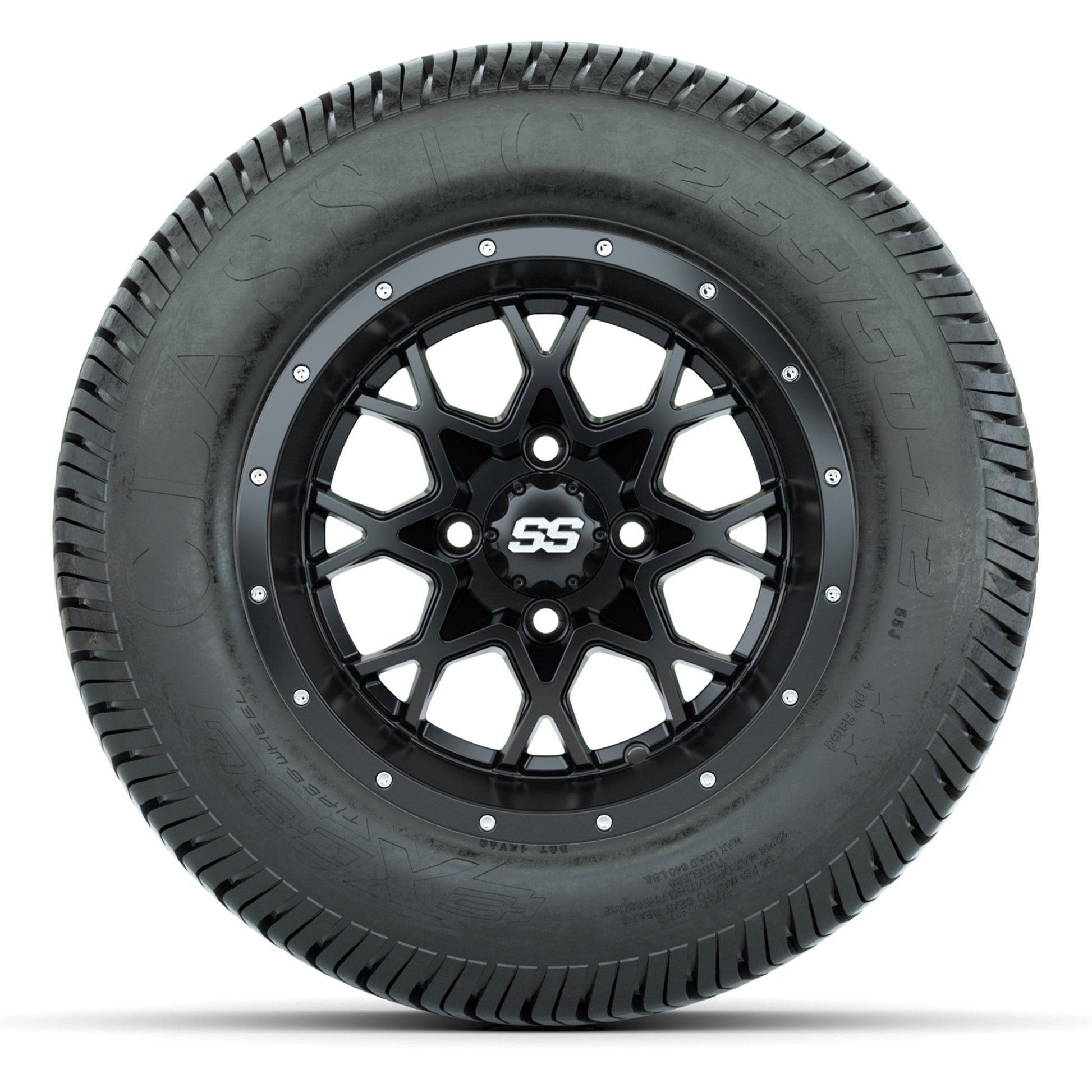 GTW® Vortex 2 Matte Black 12 in Wheels with 255/50-12 Excel Classic Street Tires – Full Set