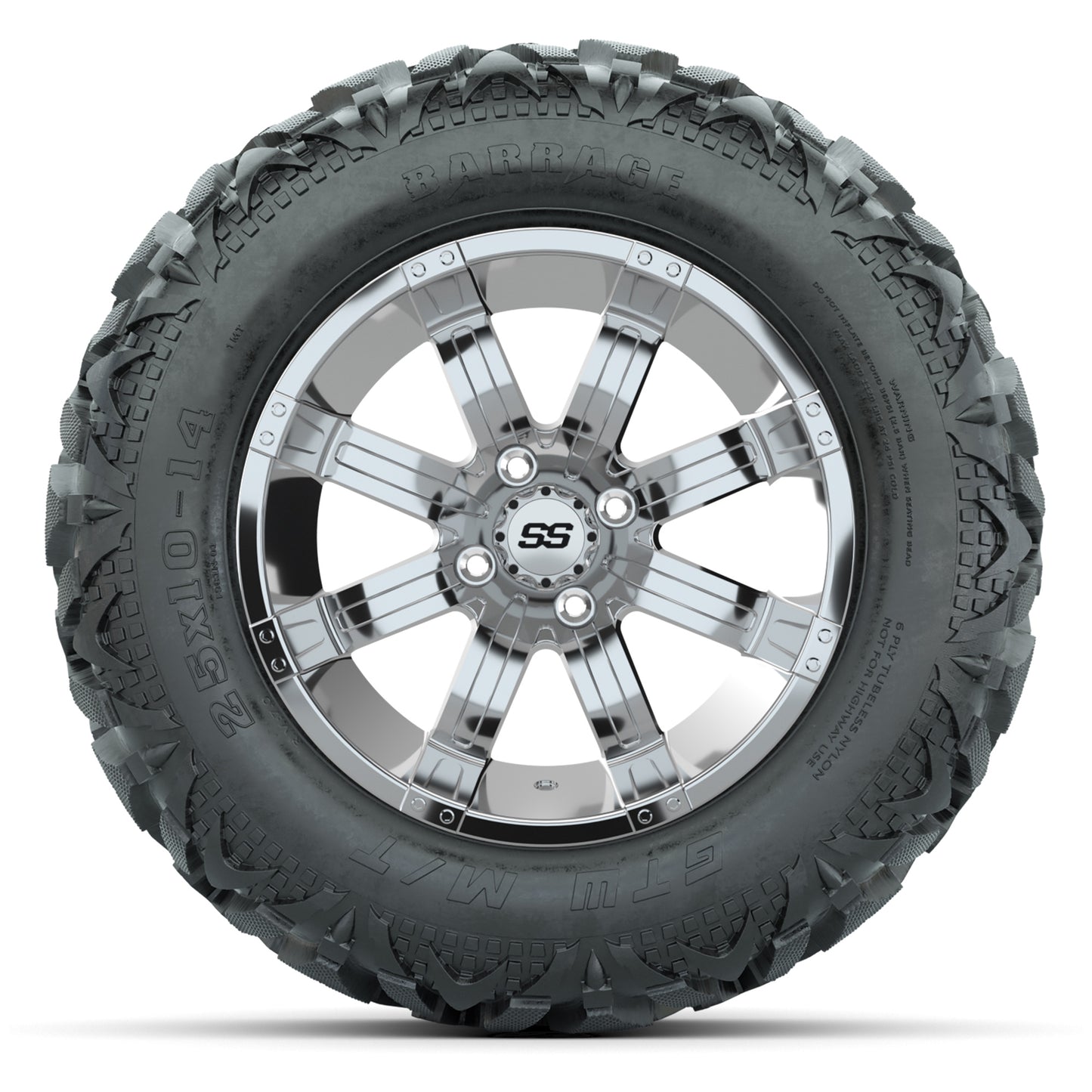 GTW Tempest Chrome 14 in Wheels with 25x10-14 Barrage Mud Tires – Full Set