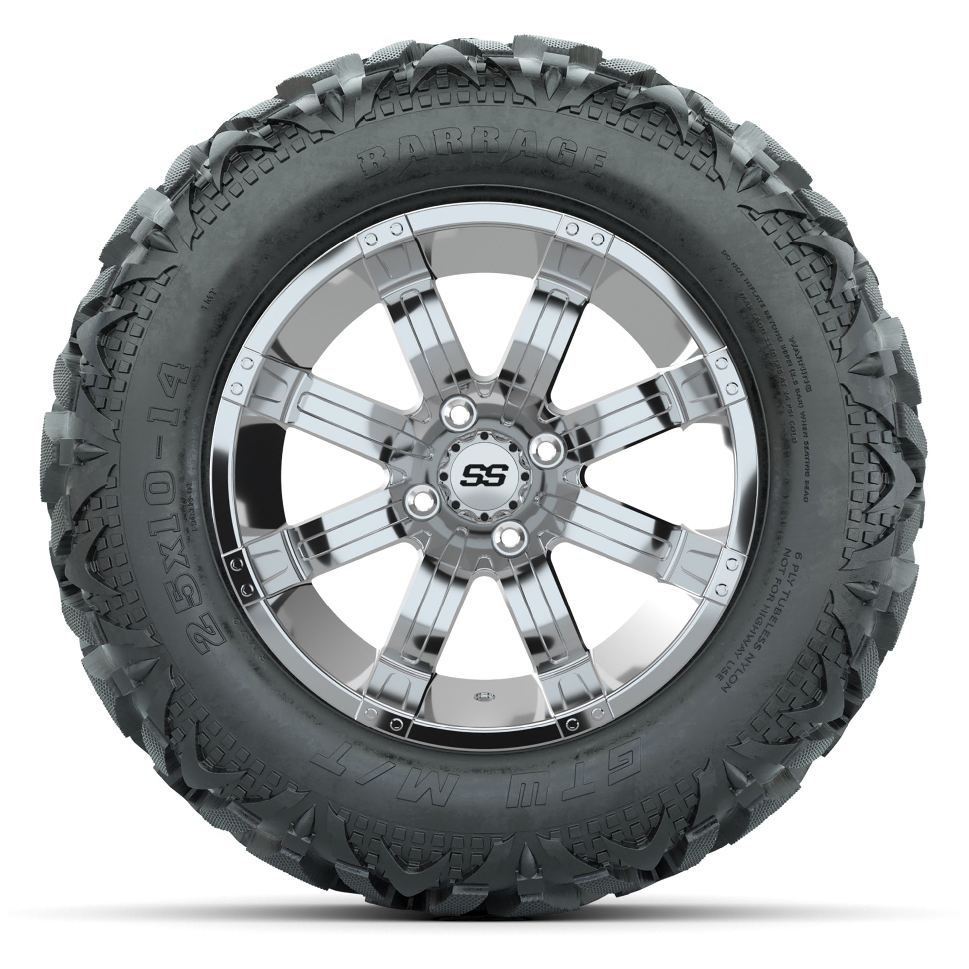 GTW Tempest Chrome 14 in Wheels with 25x10-14 Barrage Mud Tires – Full Set