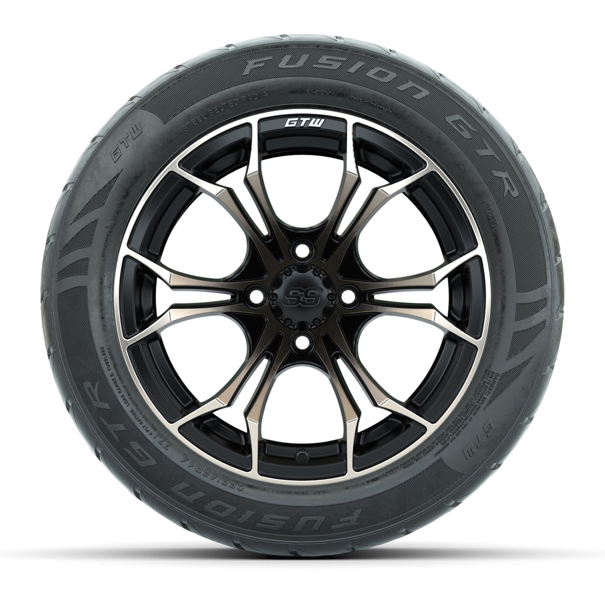 GTW® Spyder Matte Black/Bronze 14 in Wheels with 255/45-R14 Fusion GTR Steel Belt Radial Street Tires – Full Set