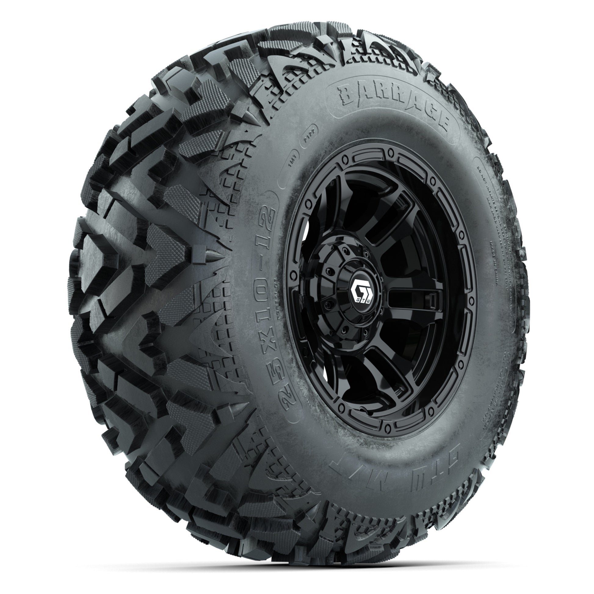 GTW® Shogun Gloss Black 12 in Wheels with 25X10-12 Barrage Mud Tires – Full Set