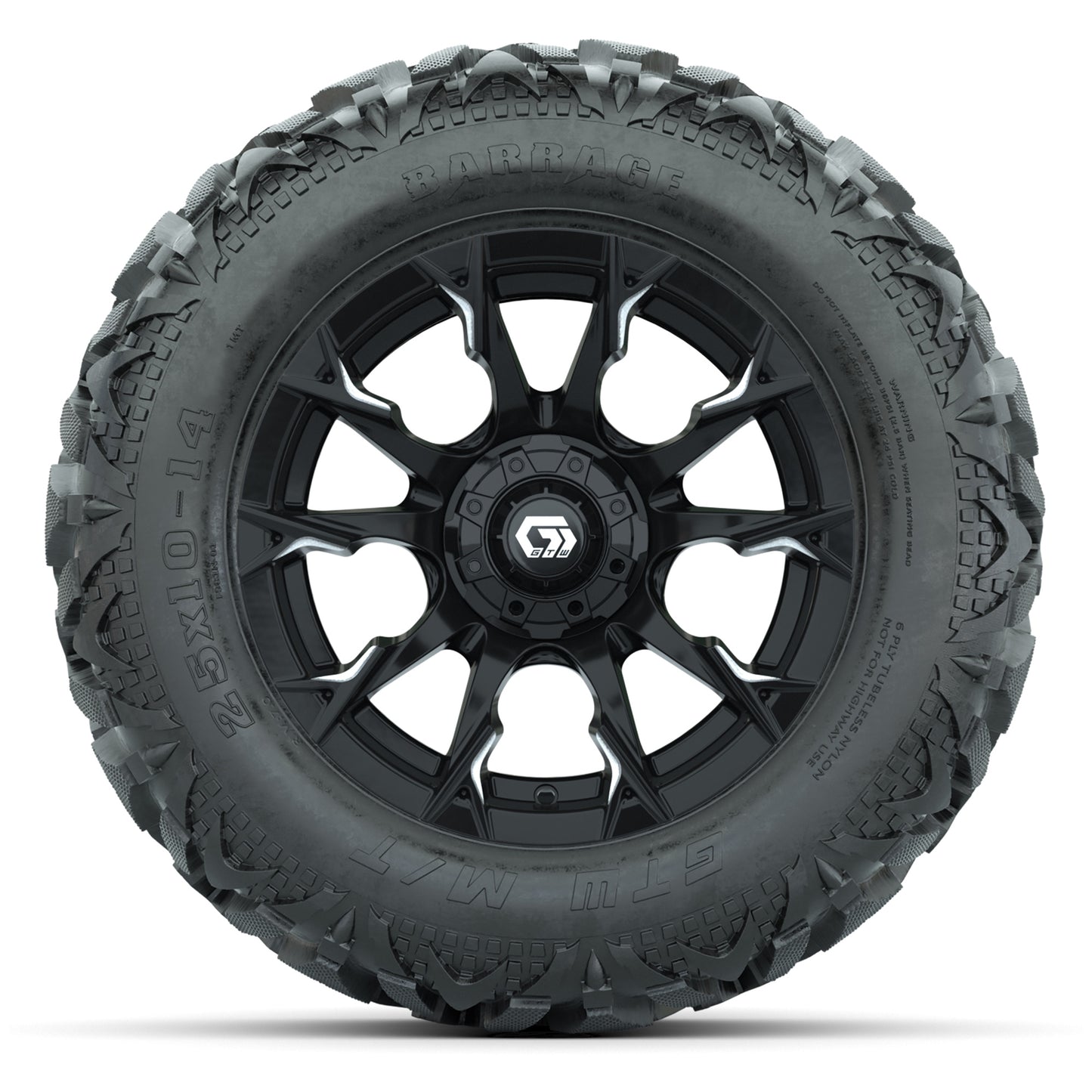 GTW Diablo Gloss Black/Machined 14 in Wheels with 25x10-14 Barrage Mud Tires – Full Set