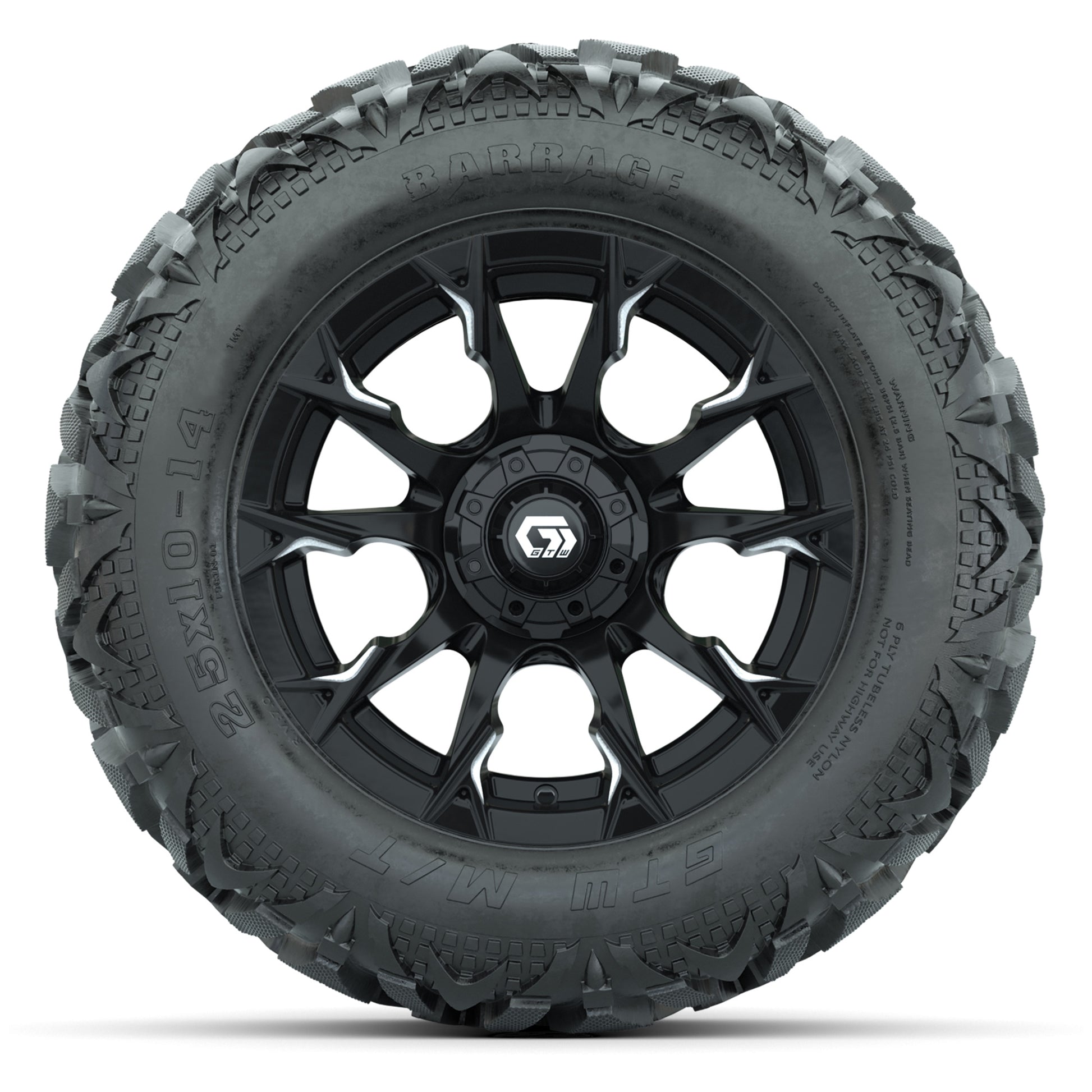 GTW Diablo Gloss Black/Machined 14 in Wheels with 25x10-14 Barrage Mud Tires – Full Set
