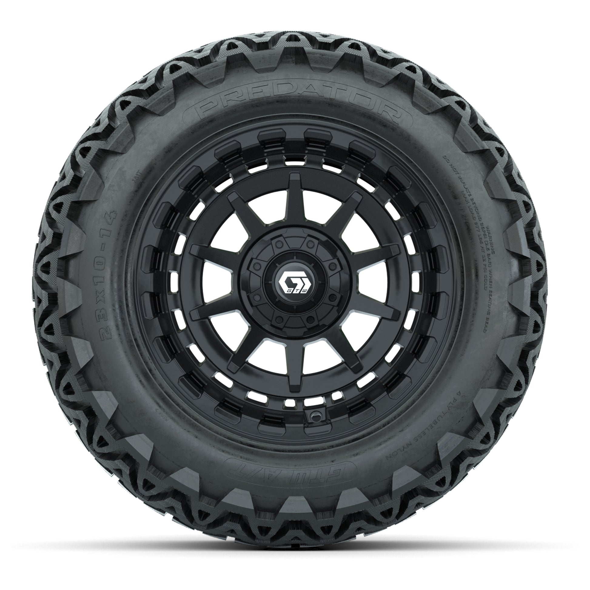 GTW® Barricade Gloss Black 14 in Wheels with 23x10-14 Predator All-Terrain Tires – Full Set