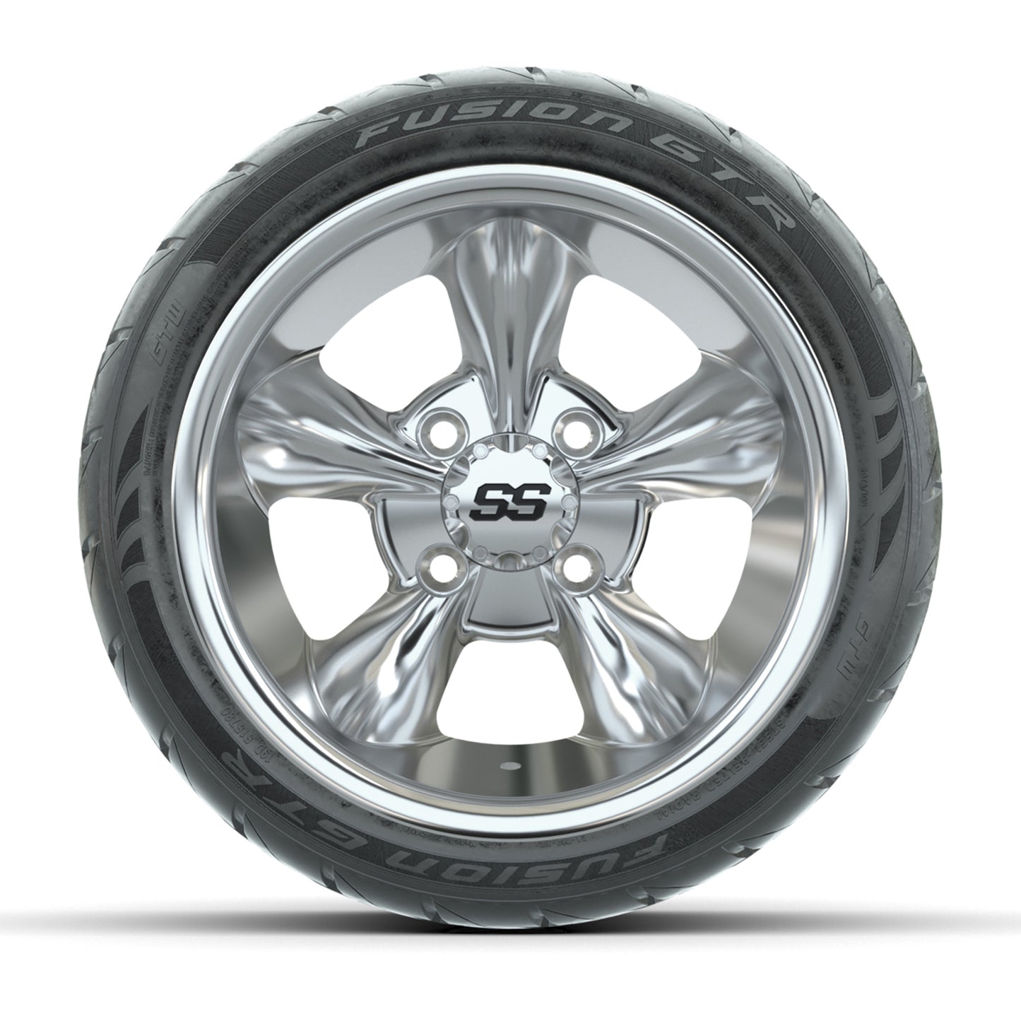 GTW® Godfather Chrome 12 in Wheels with 215/40-R12 Fusion GTR Steel Belt Radial Street Tires – Full Set