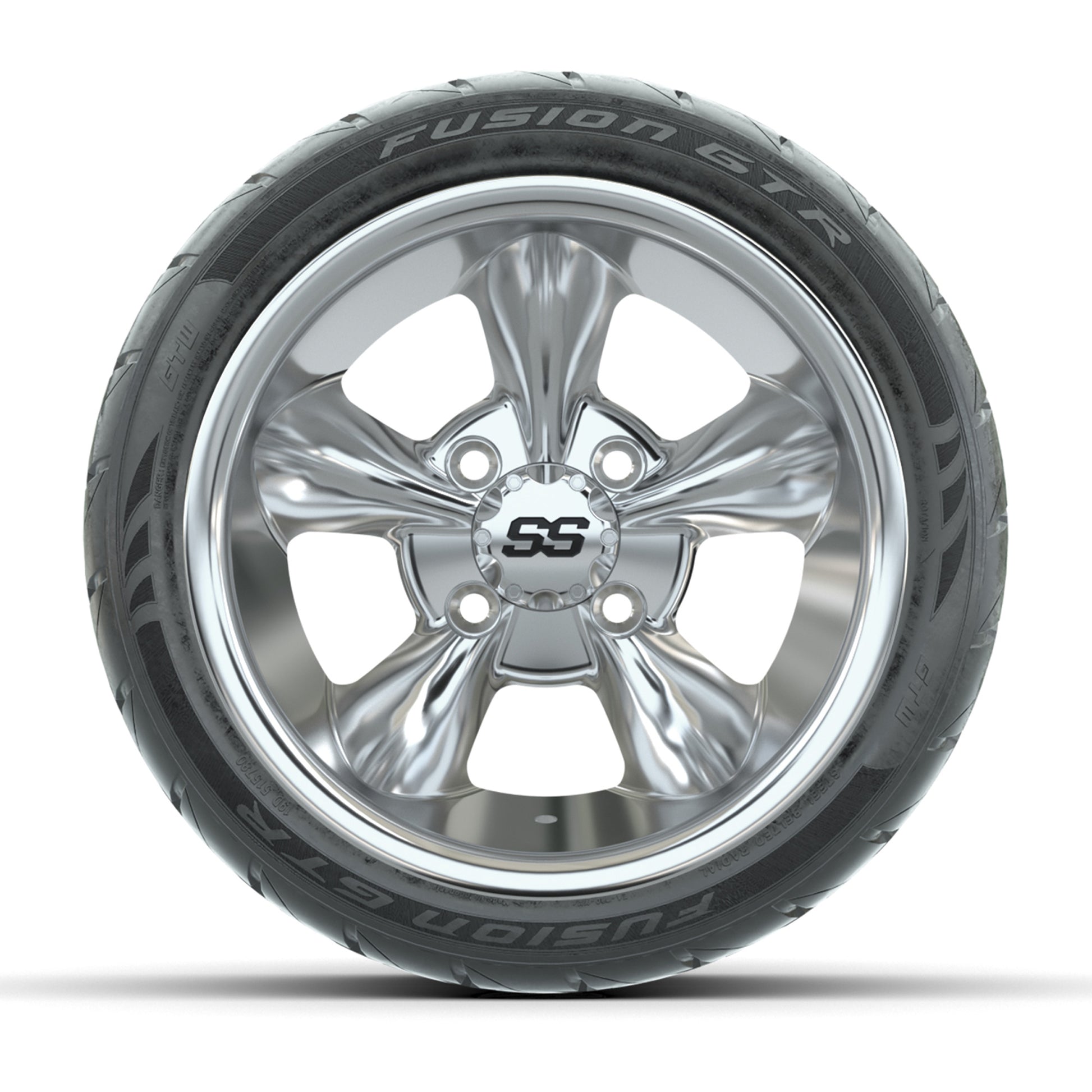 GTW® Godfather Chrome 12 in Wheels with 215/40-R12 Fusion GTR Steel Belt Radial Street Tires – Full Set