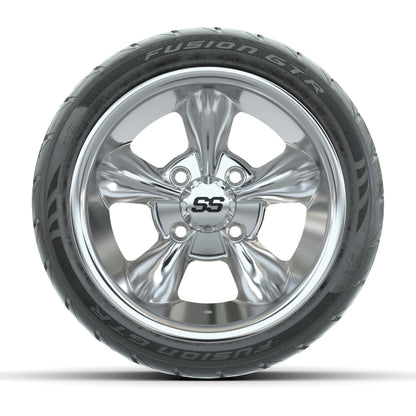 GTW® Godfather Chrome 12 in Wheels with 215/40-R12 Fusion GTR Steel Belt Radial Street Tires – Full Set