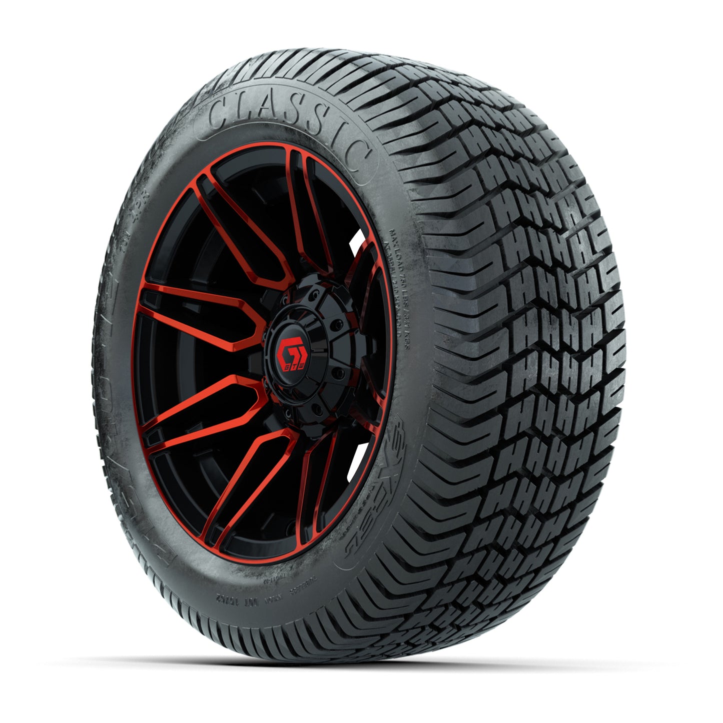 GTW® Stealth Red/Machined 12 in Wheels with 215/40-12 Excel Classic Street Tires – Full Set