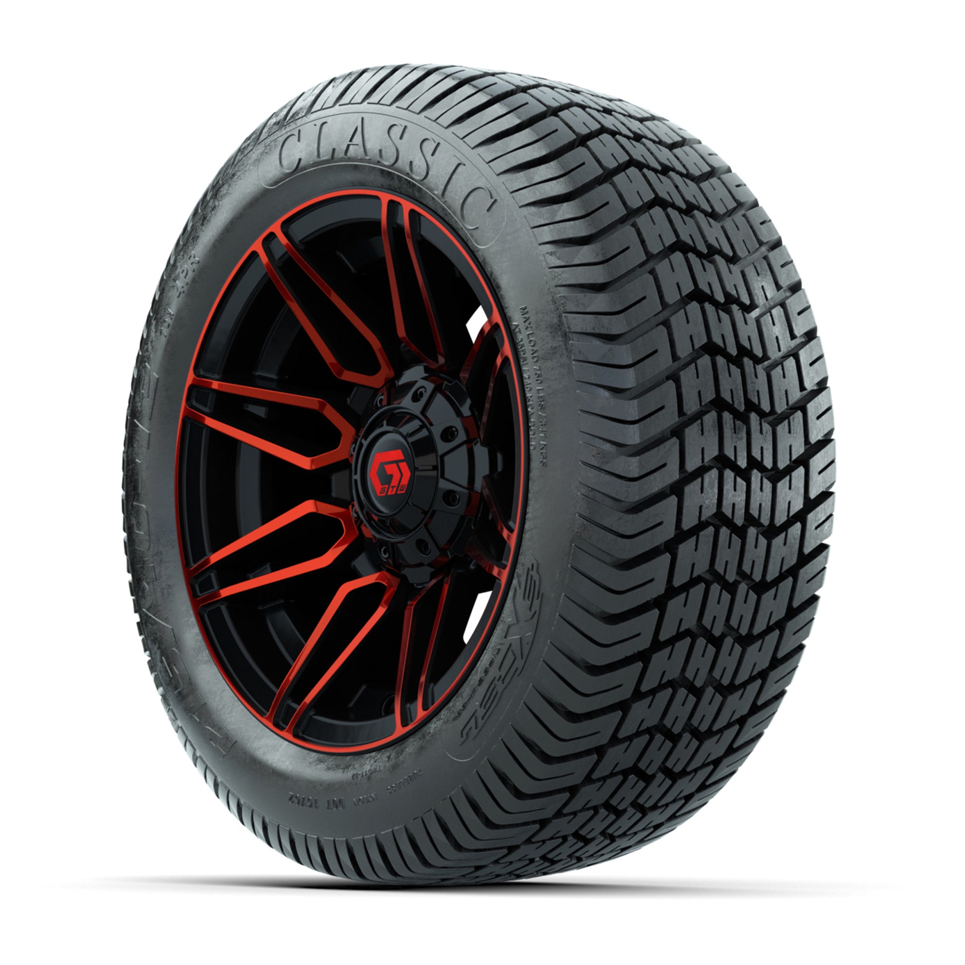 GTW® Stealth Red/Machined 12 in Wheels with 215/40-12 Excel Classic Street Tires – Full Set