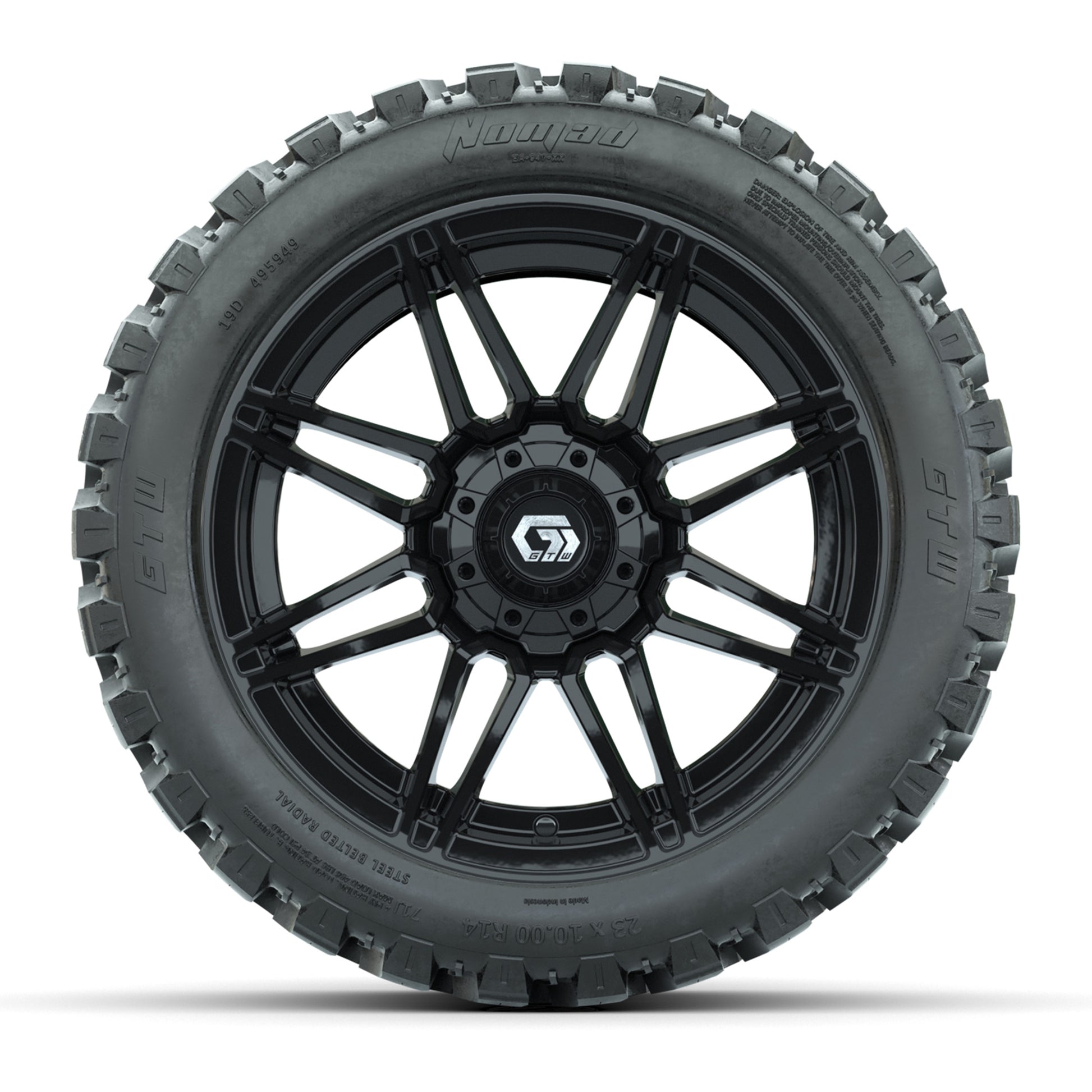 GTW® Stealth Gloss Black 14 in Wheels with 23X10-R14 Nomad Steel Belt Radial All-Terrain Tires – Full Set