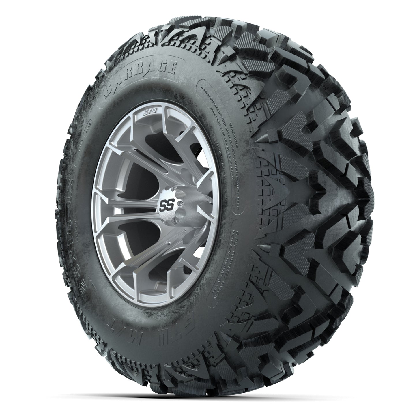 GTW® Spyder Silver Brush 12 in Wheels with 25X10-12 Barrage Mud Tires – Full Set