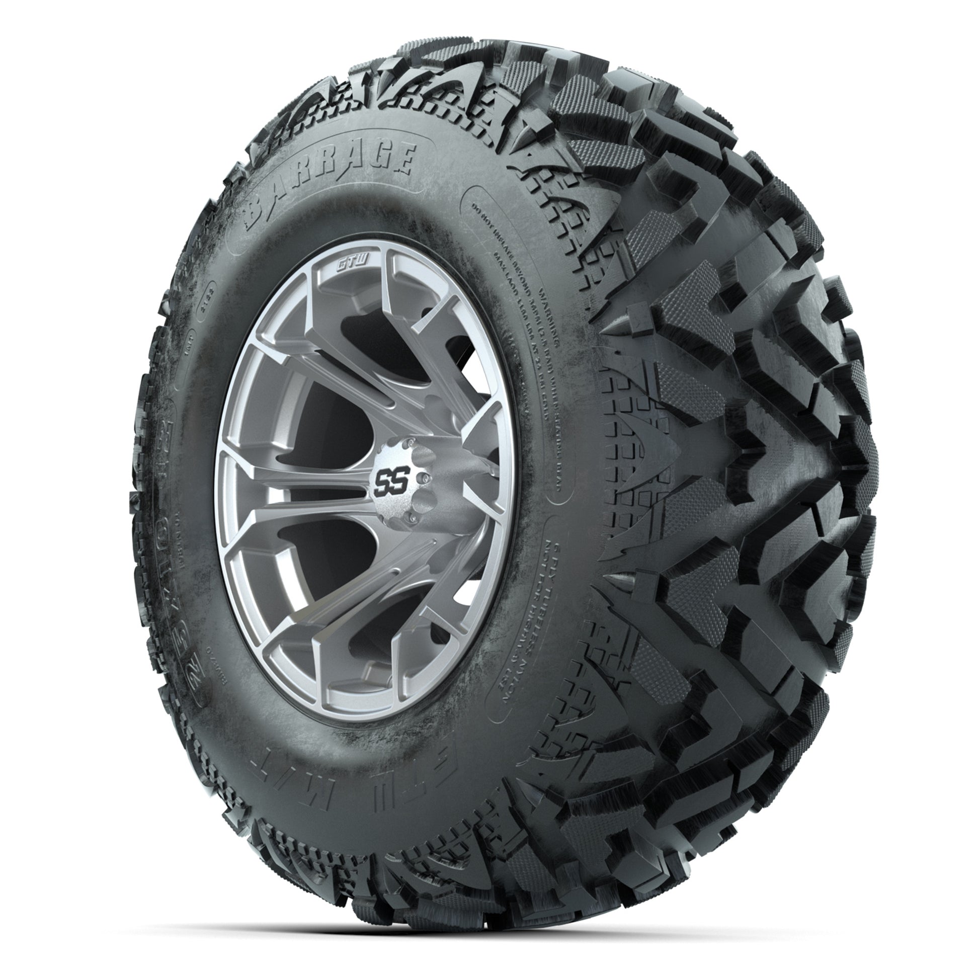 GTW® Spyder Silver Brush 12 in Wheels with 25X10-12 Barrage Mud Tires – Full Set