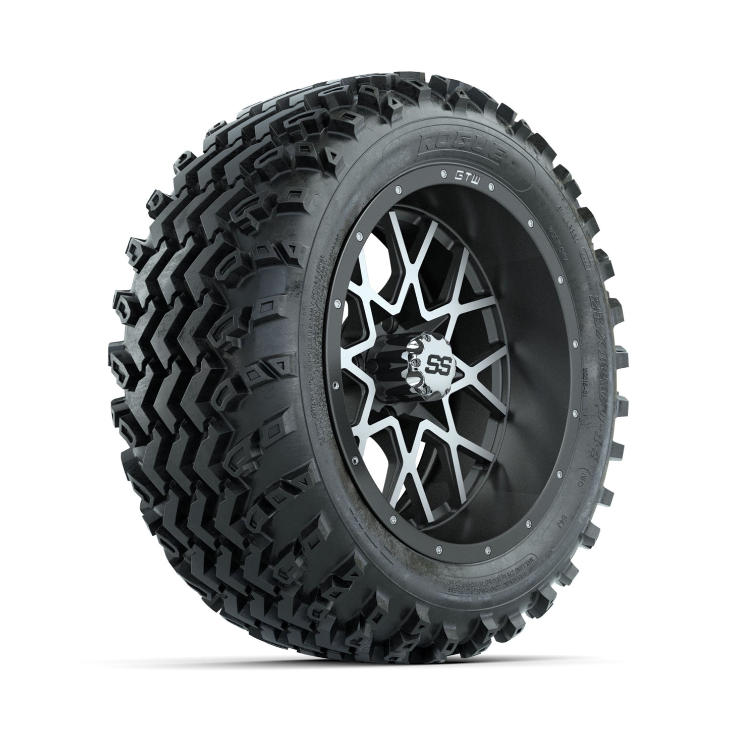 GTW Vortex Machined/Matte Grey 14 in Wheels with 23x10.00-14 Rogue All Terrain Tires - Full Set