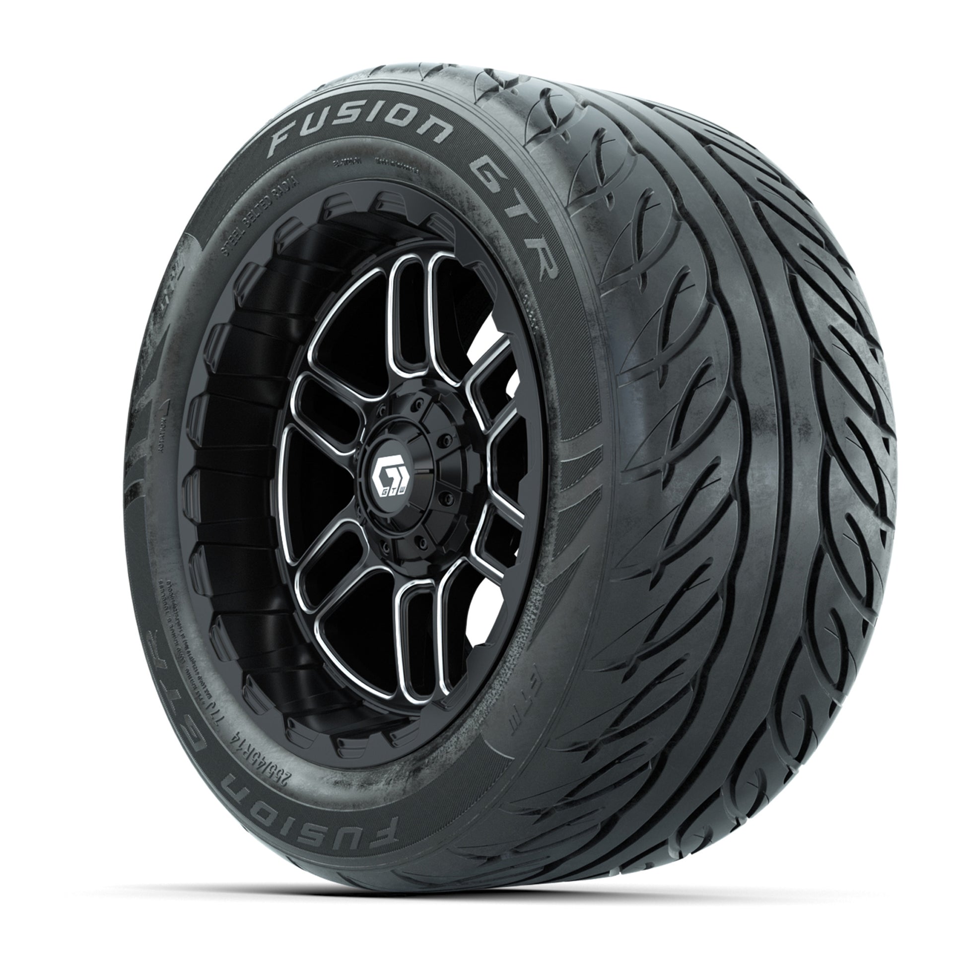 GTW® Titan Black/Machined 14 in Wheels with 255/45-R14 Fusion GTR Steel Belt Radial Street Tires – Full Set