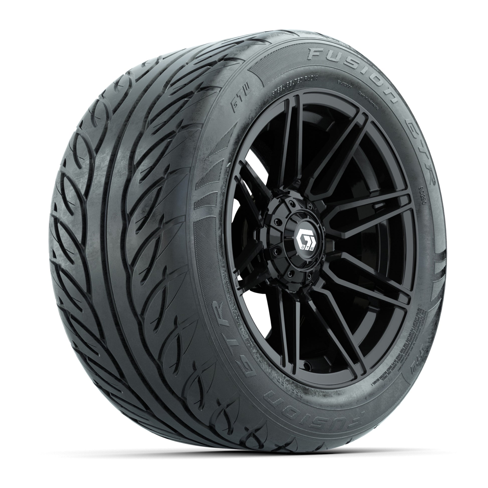 GTW® Stealth Gloss Black 14 in Wheels with 255/45-R14 Fusion GTR Steel Belt Radial Street Tires – Full Set