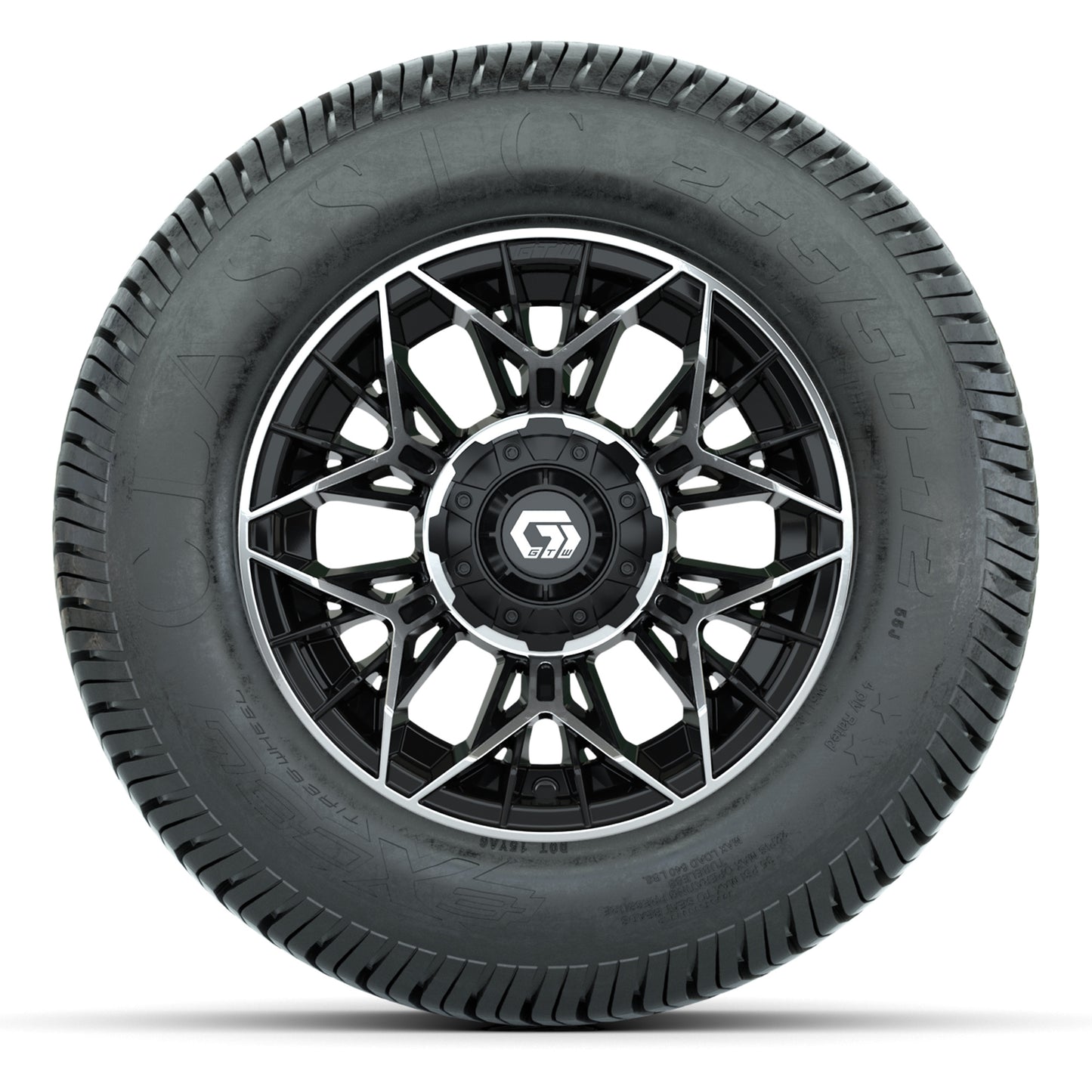 GTW® Stellar Black/Machined 12 in Wheels with 255/50-12 Excel Classic Street Tires – Full Set