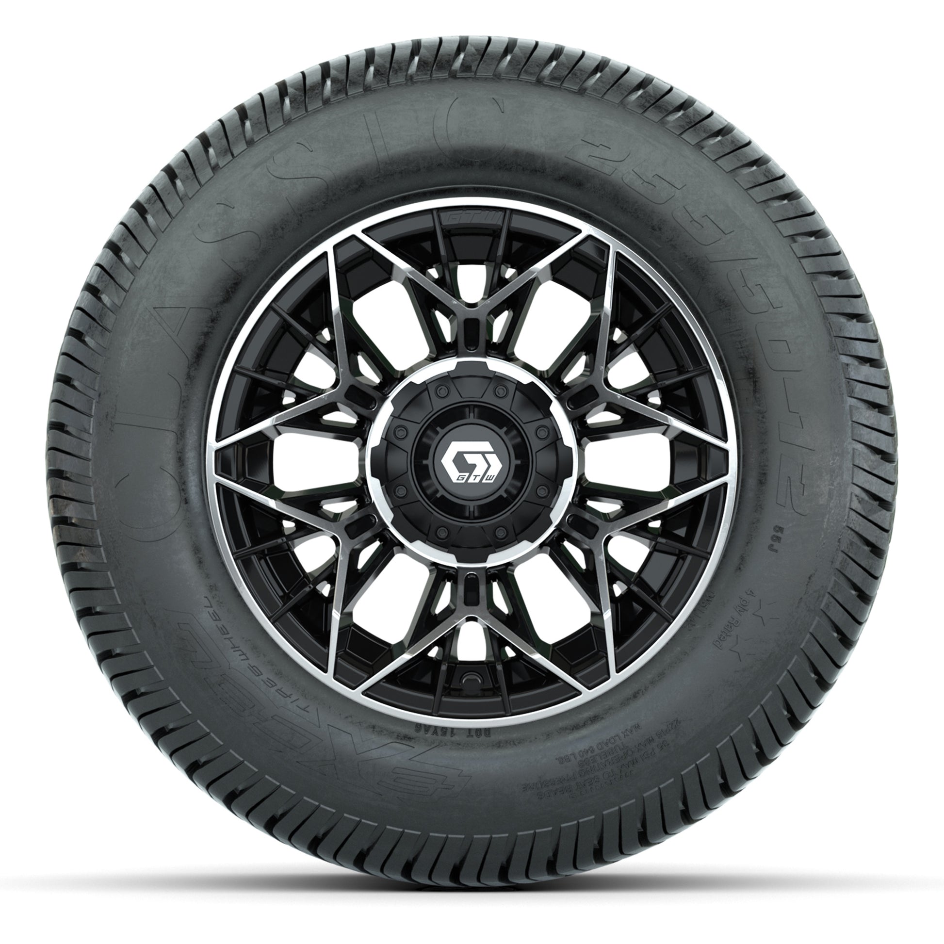 GTW® Stellar Black/Machined 12 in Wheels with 255/50-12 Excel Classic Street Tires – Full Set