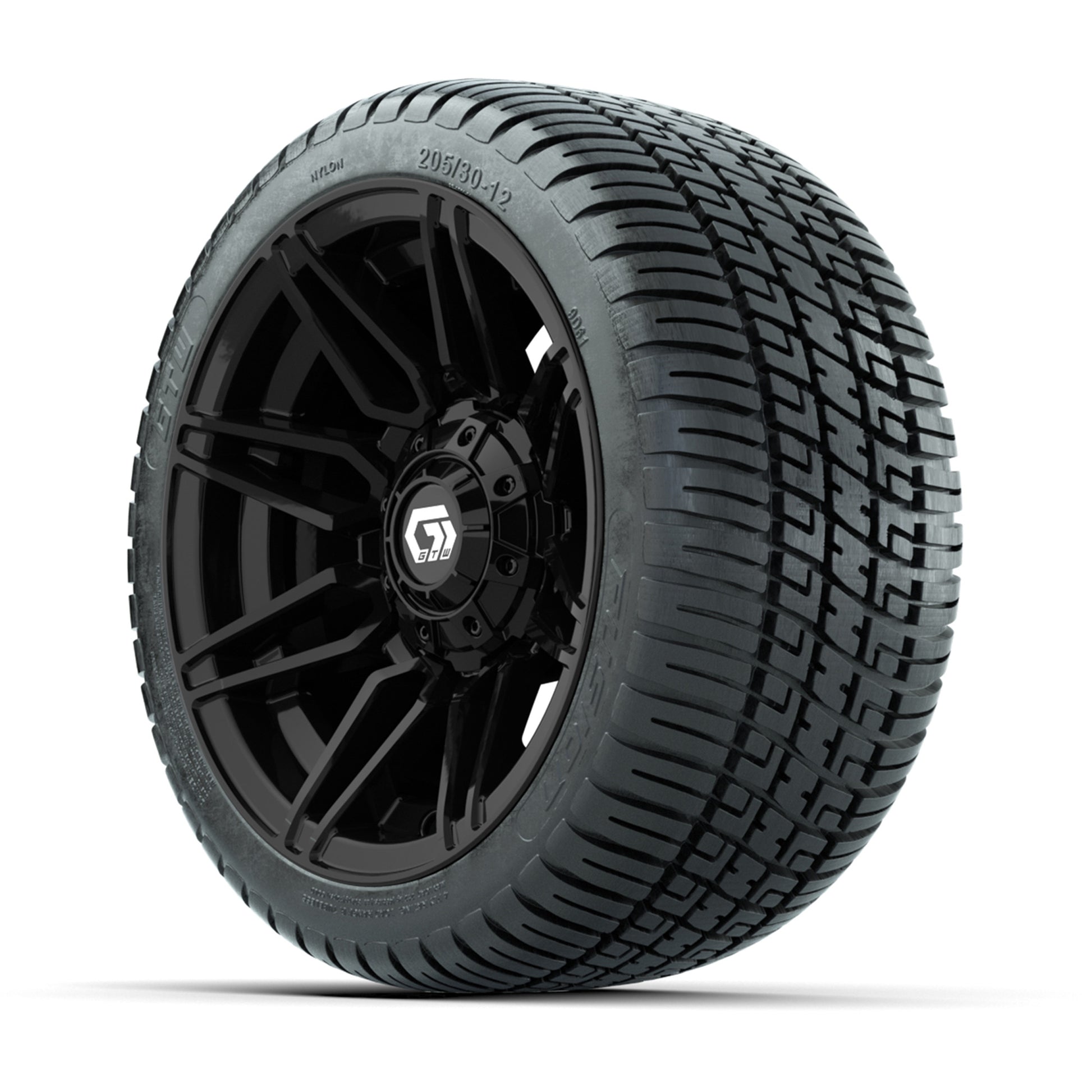 GTW® Stealth Black/Machined 12 in Wheels with 205/30-12 Fusion Street Tires – Full Set