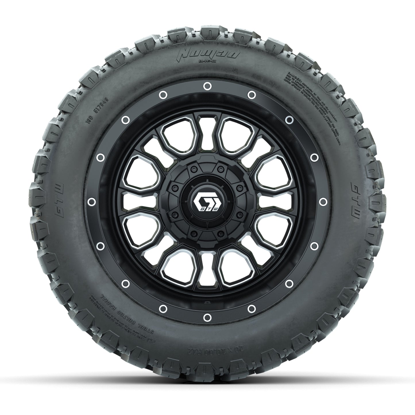 GTW® Volt Black/Machined 12 in Wheels with 20X10-12 Nomad Steel Belt Radial All-Terrain Tires – Full Set