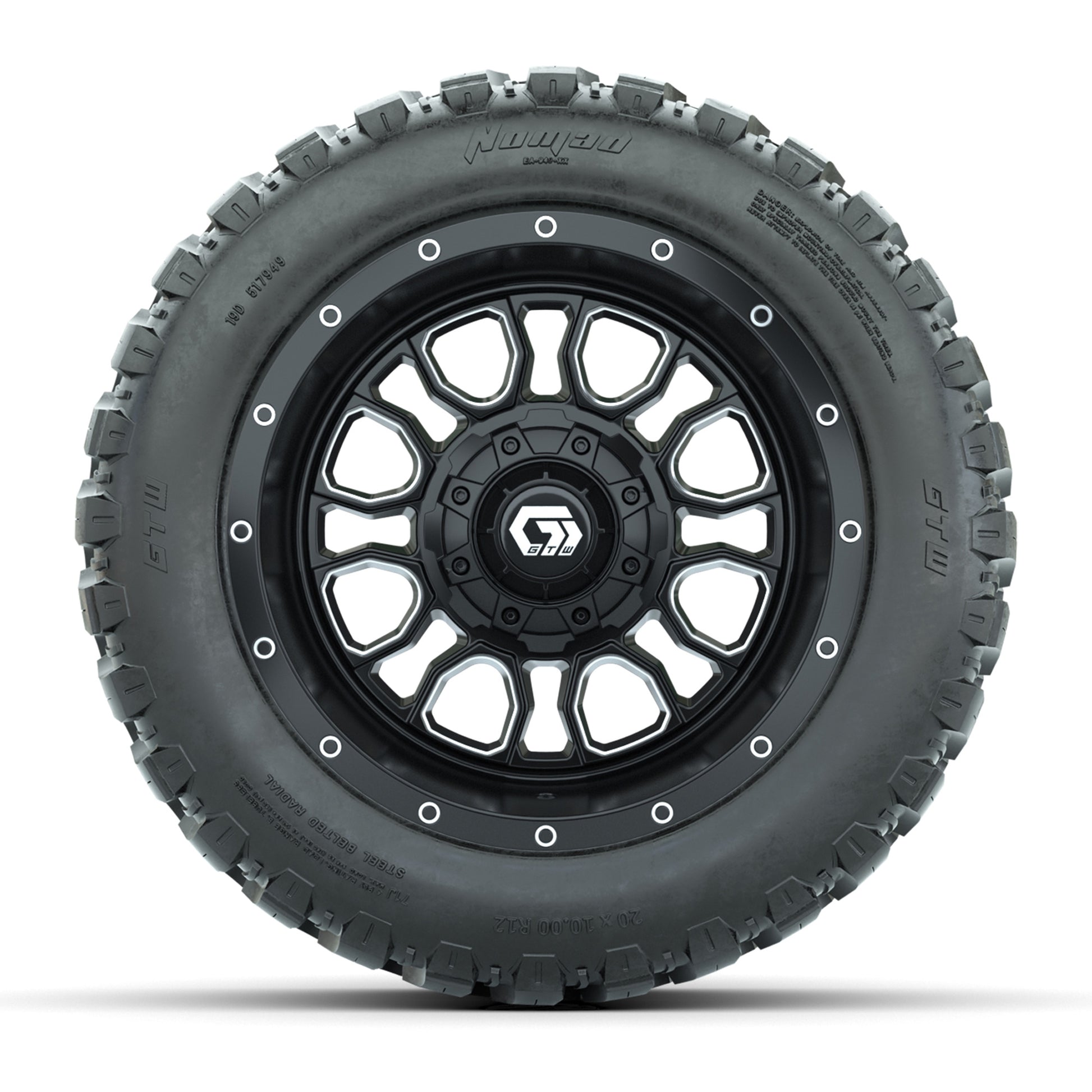 GTW® Volt Black/Machined 12 in Wheels with 20X10-12 Nomad Steel Belt Radial All-Terrain Tires – Full Set
