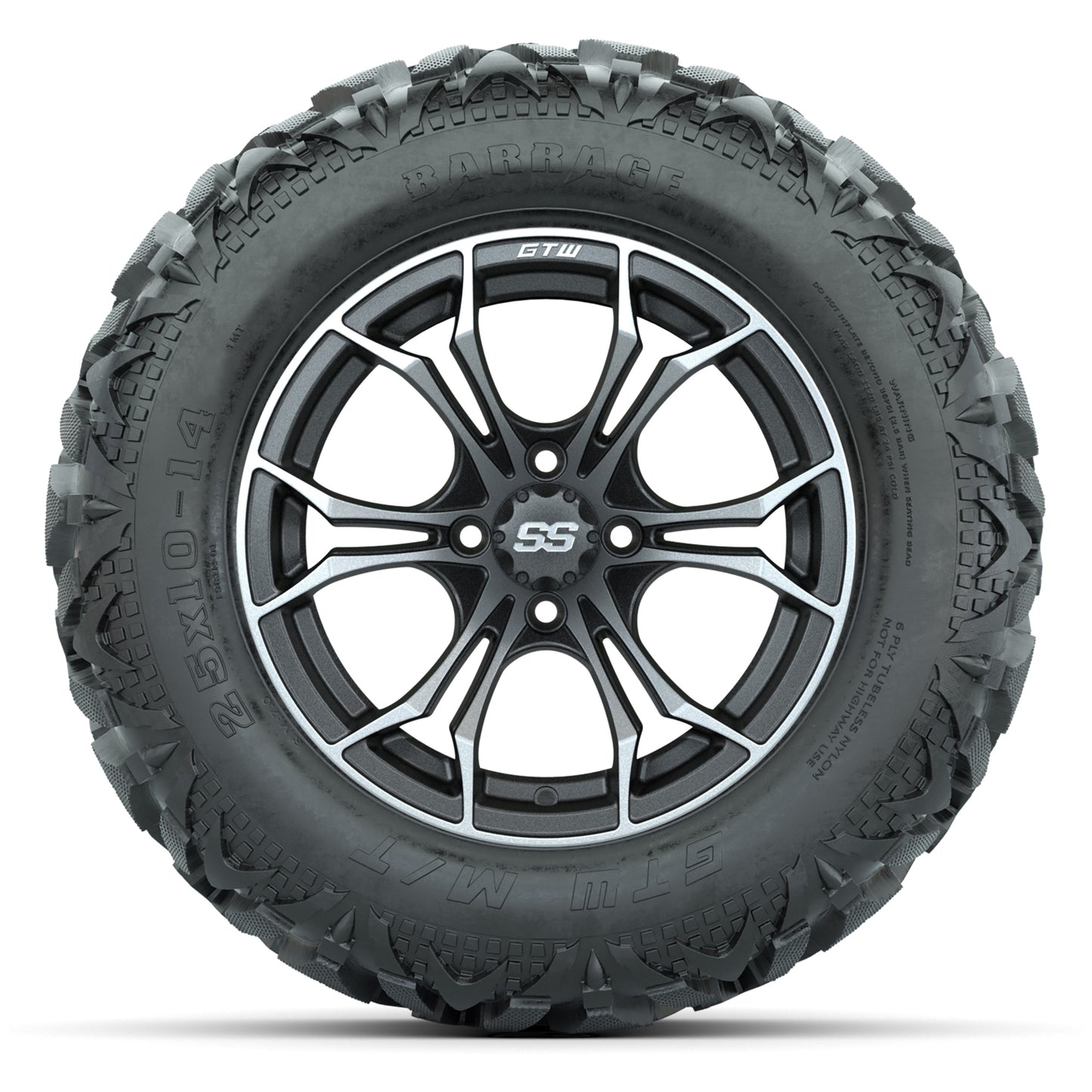 GTW Spyder Matte Gray/Machined 14 in Wheels with 25x10-14 Barrage Mud Tires – Full Set