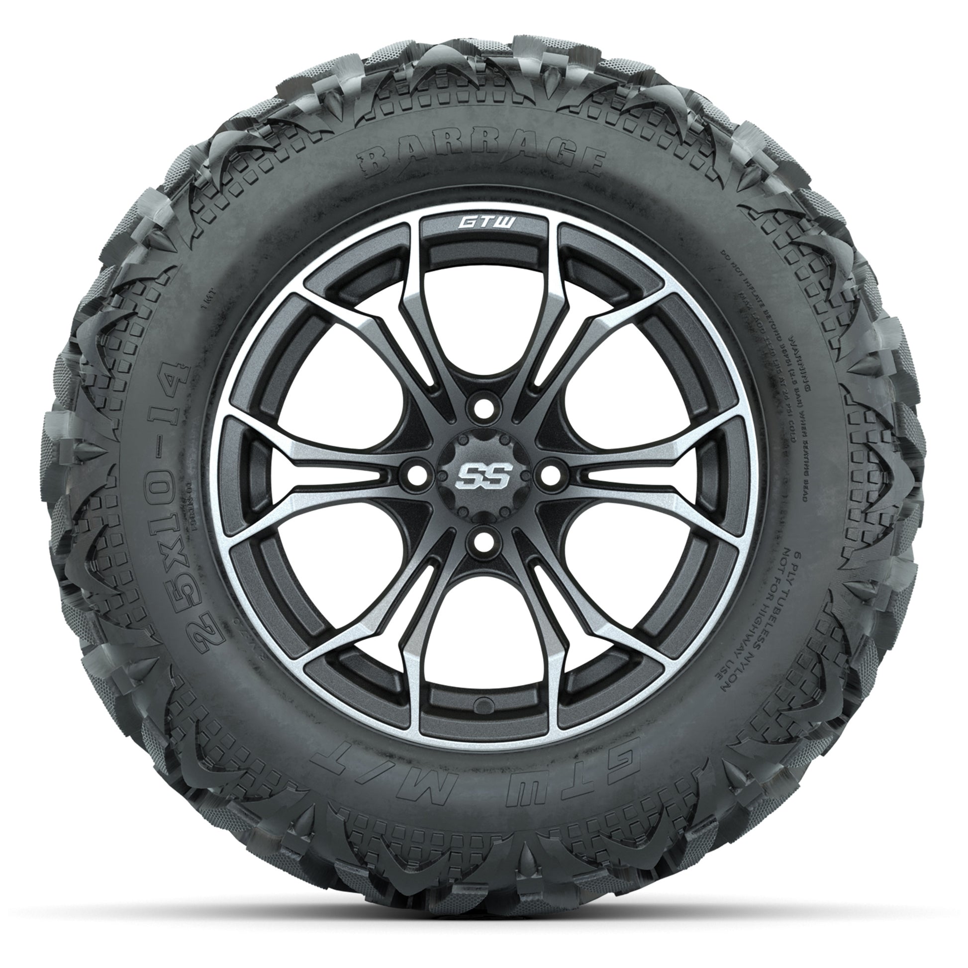 GTW Spyder Matte Gray/Machined 14 in Wheels with 25x10-14 Barrage Mud Tires – Full Set