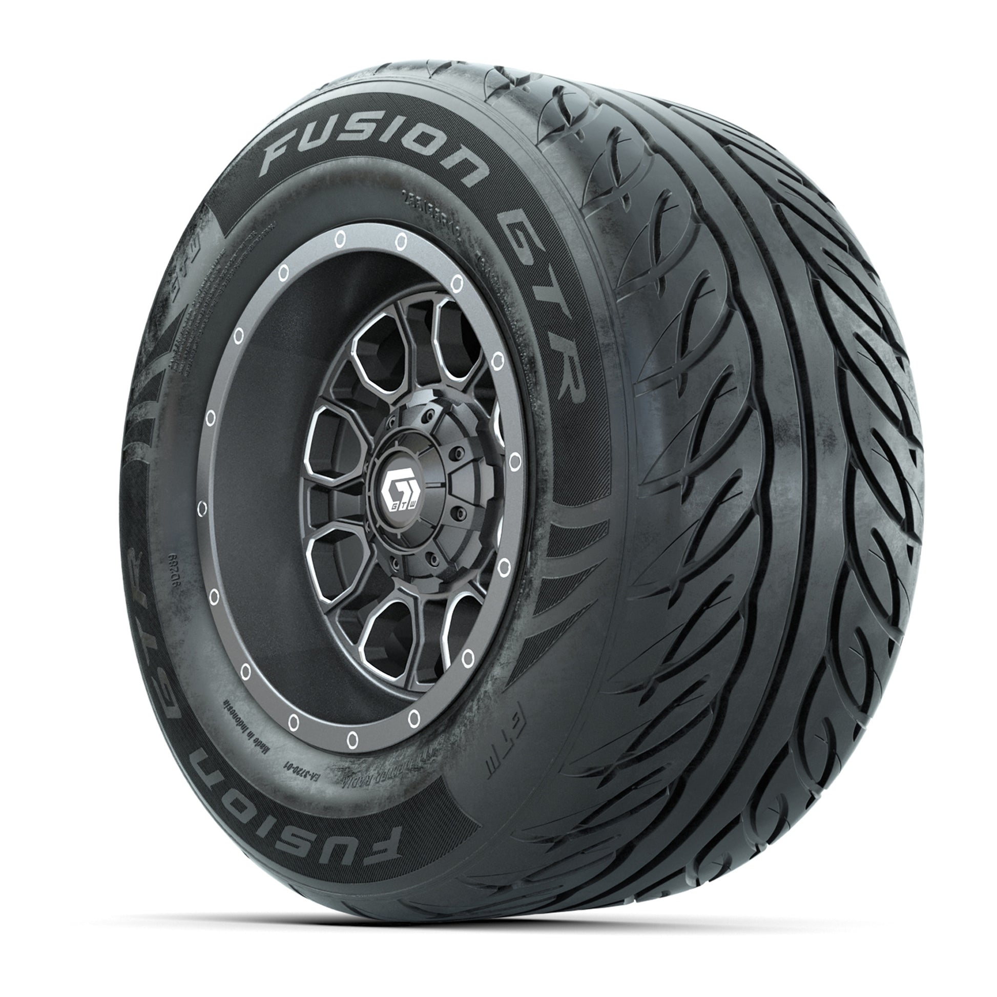 GTW® Volt Gunmetal 12 in Wheels with 255/55-R12 Fusion GTR Steel Belt Radial Street Tires – Full Set