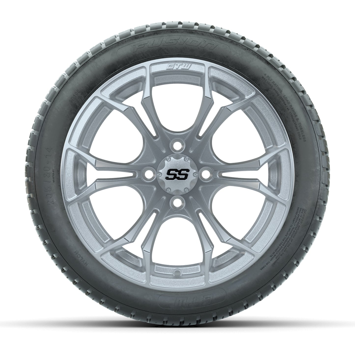 GTW® Spyder Silver Brush 14 in Wheels with 205/30-R14 Fusion Street Tires – Full Set