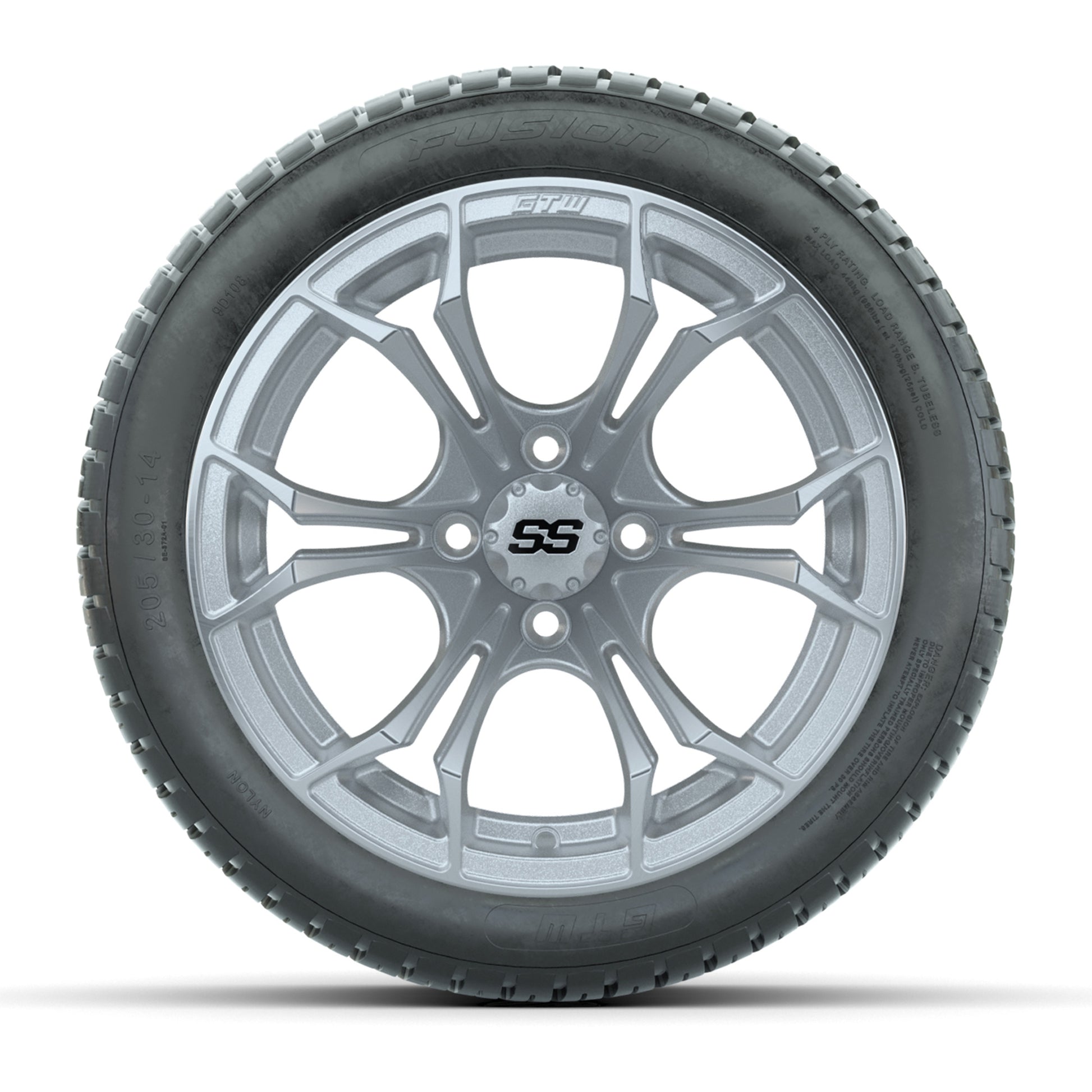 GTW® Spyder Silver Brush 14 in Wheels with 205/30-R14 Fusion Street Tires – Full Set