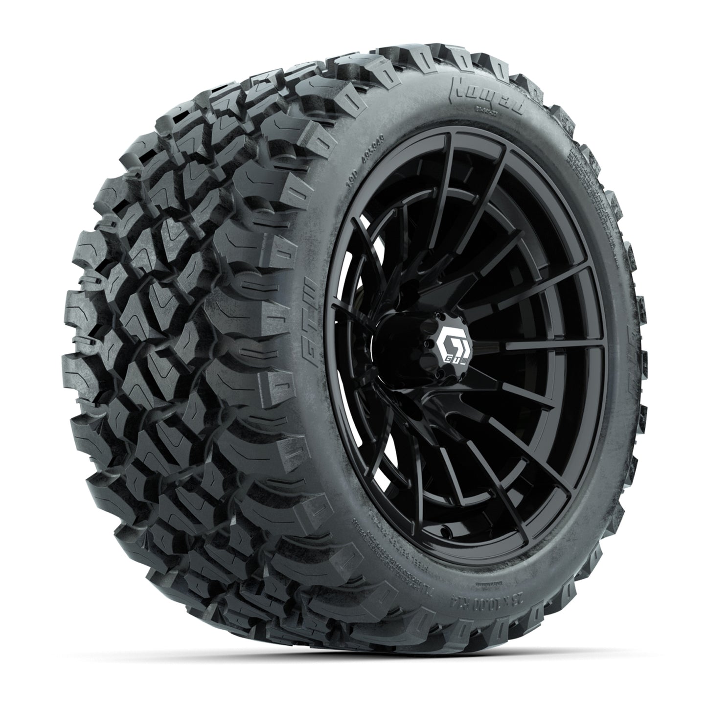 GTW® Boost Gloss Black 14 in Wheels with 23X10-R14 Nomad Steel Belt Radial All-Terrain Tires – Full Set