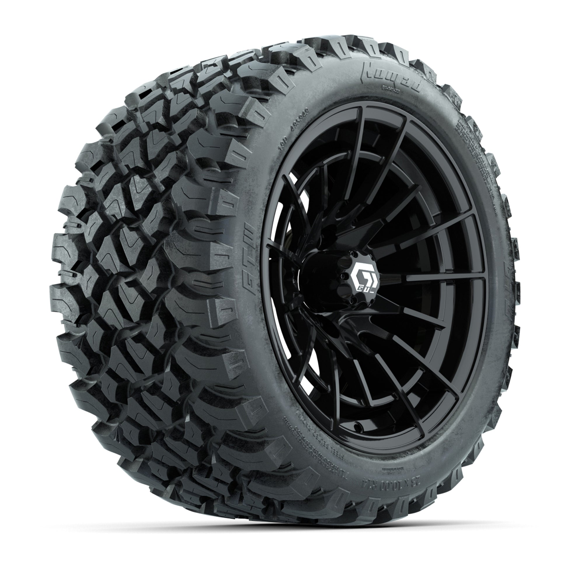 GTW® Boost Gloss Black 14 in Wheels with 23X10-R14 Nomad Steel Belt Radial All-Terrain Tires – Full Set