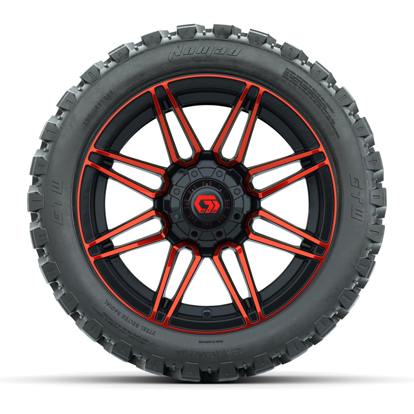 GTW® Stealth Red/Machined 14 in Wheels with 23X10-R14 Nomad Steel Belt Radial All-Terrain Tires – Full Set