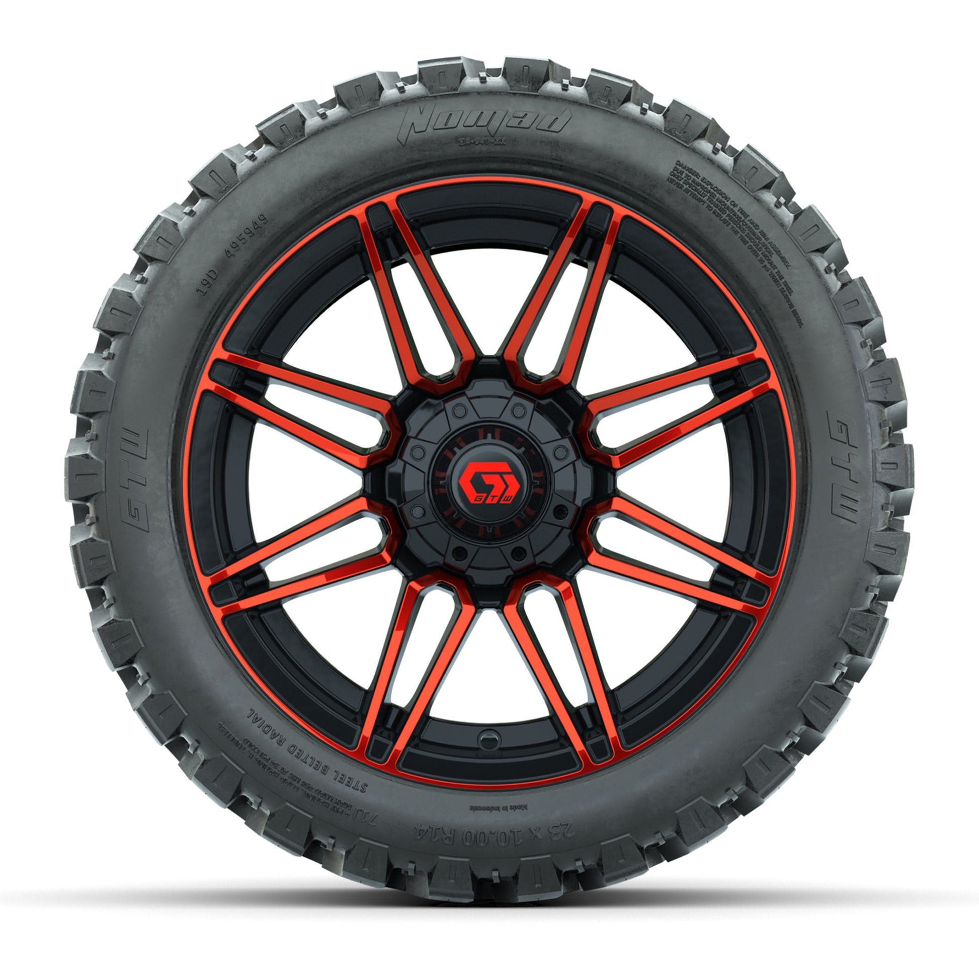 GTW® Stealth Red/Machined 14 in Wheels with 23X10-R14 Nomad Steel Belt Radial All-Terrain Tires – Full Set