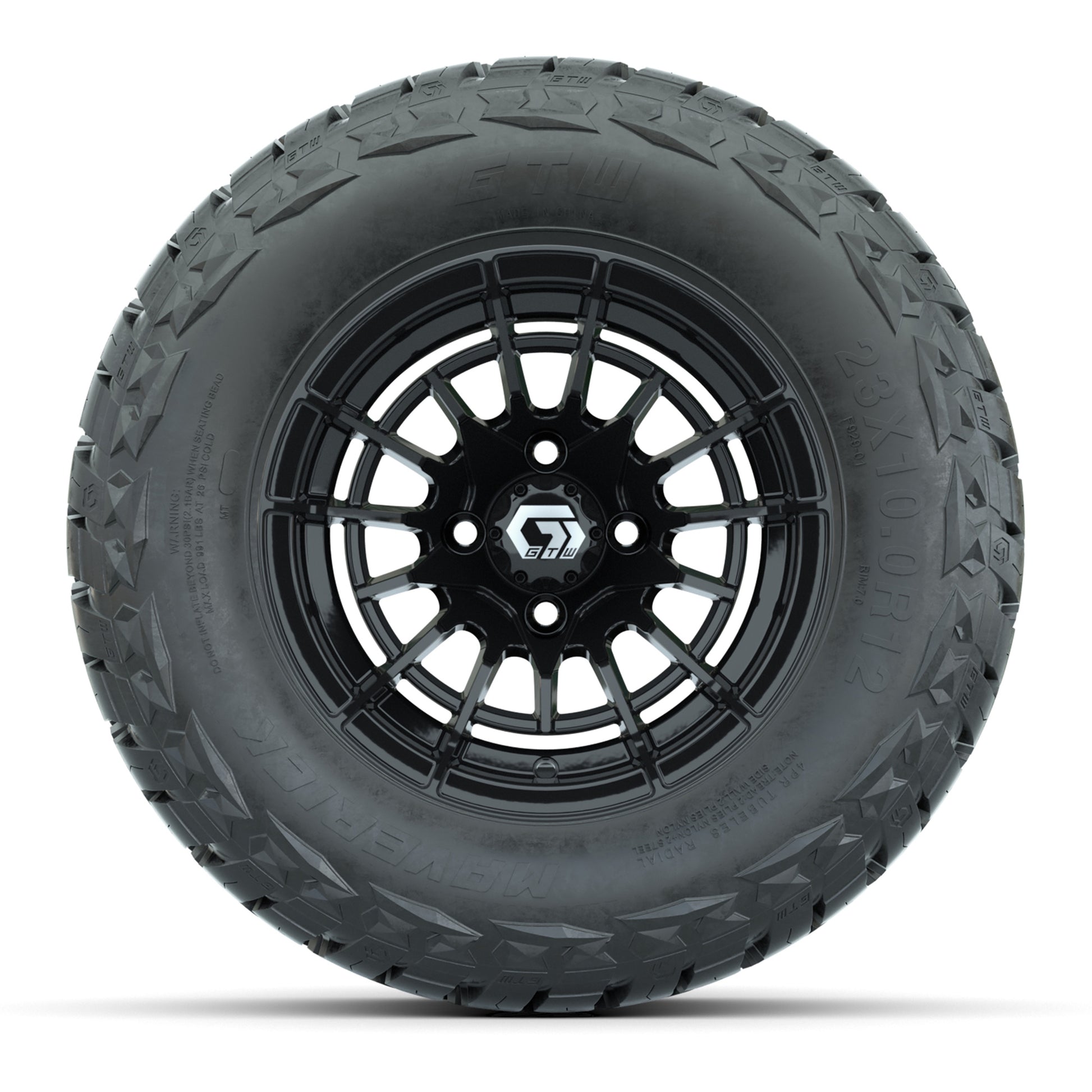 GTW Boost Gloss Black 12 in Wheels with 23x10.00-R12 Maverick All-Terrain Tires – Full Set