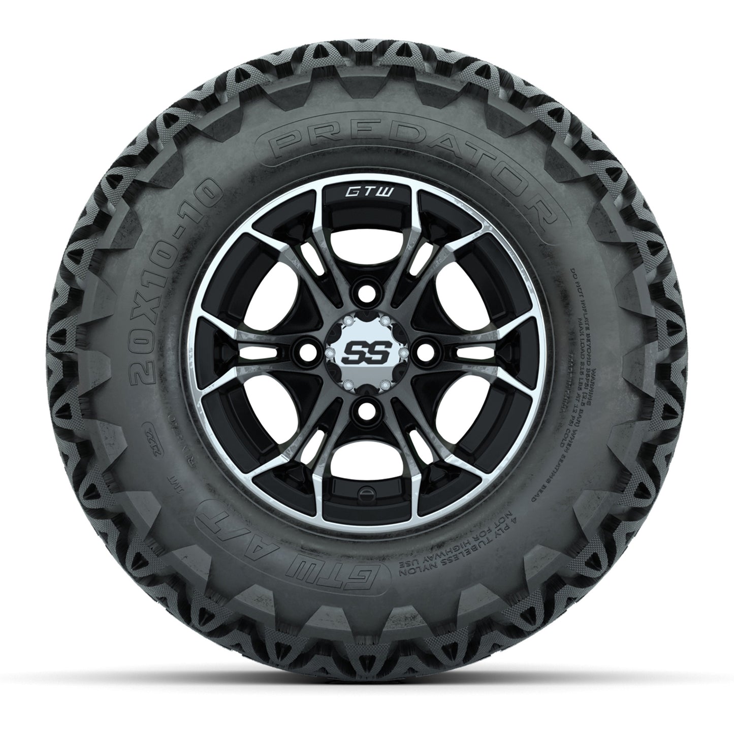 GTW Spyder Machined/Black 10 in Wheels with 20x10-10 Predator All Terrain Tires – Full Set