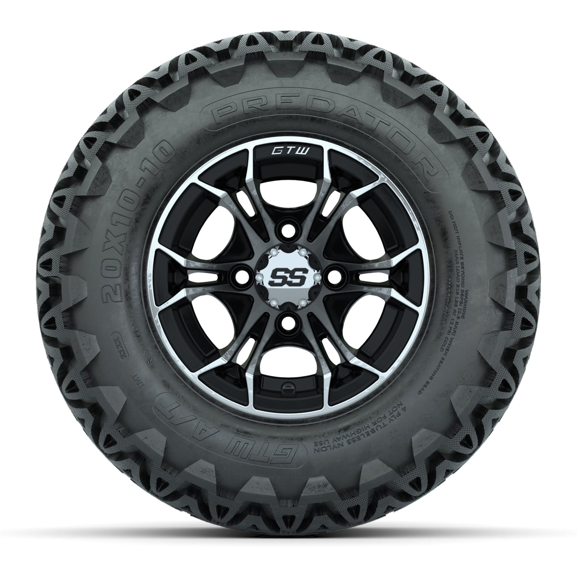 GTW Spyder Machined/Black 10 in Wheels with 20x10-10 Predator All Terrain Tires – Full Set