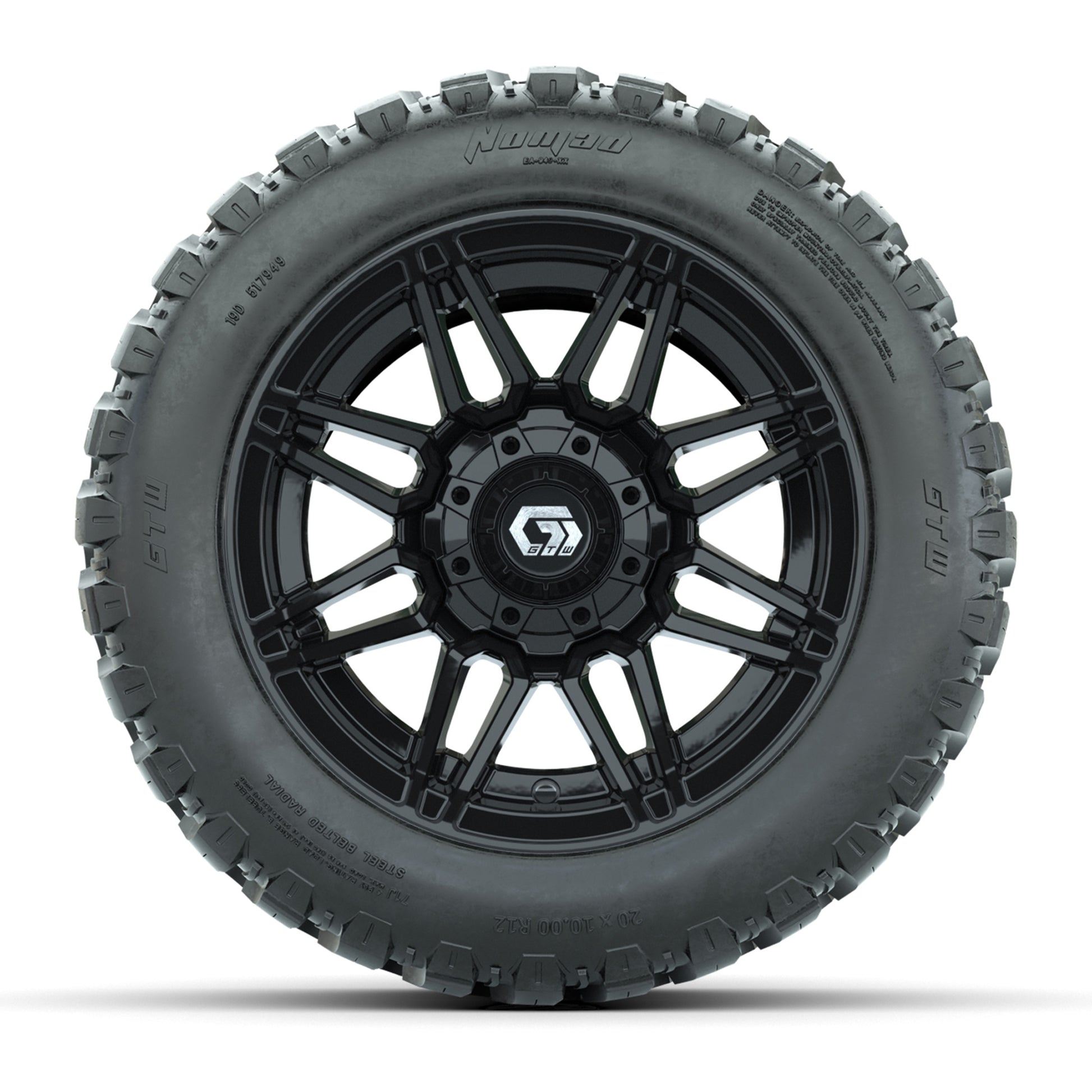 GTW® Stealth Black/Machined 12 in Wheels with 20X10-12 Nomad Steel Belt Radial All-Terrain Tires – Full Set