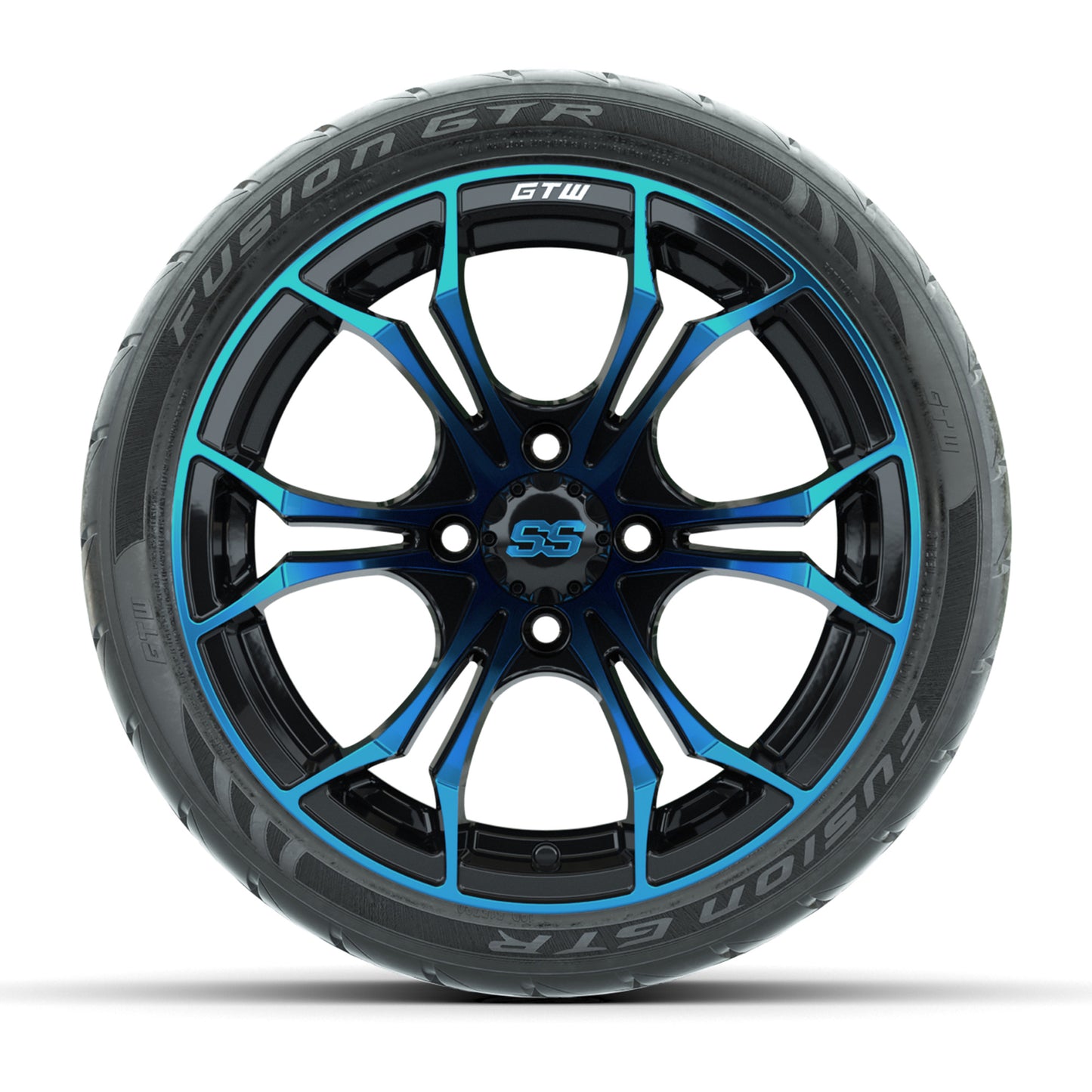 GTW® Spyder Black/Blue 14 in Wheels with 205/40-R14 Fusion GTR Steel Belt Radial Street Tires – Full Set