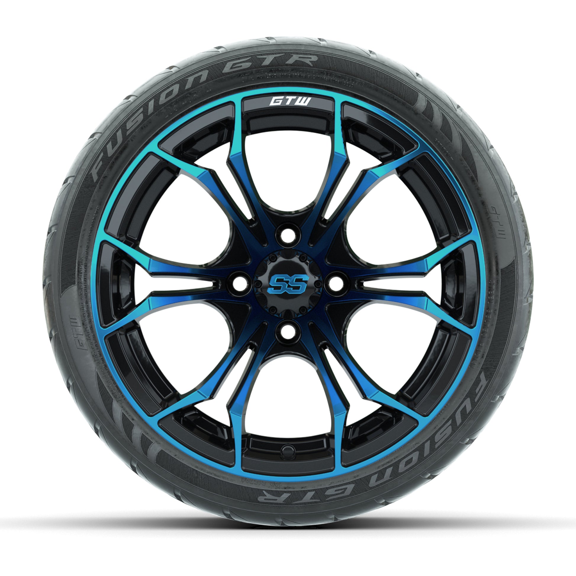 GTW® Spyder Black/Blue 14 in Wheels with 205/40-R14 Fusion GTR Steel Belt Radial Street Tires – Full Set