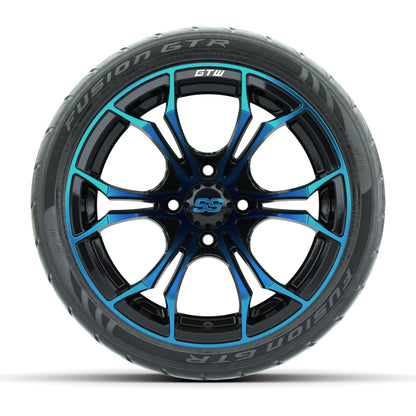 GTW® Spyder Black/Blue 14 in Wheels with 205/40-R14 Fusion GTR Steel Belt Radial Street Tires – Full Set