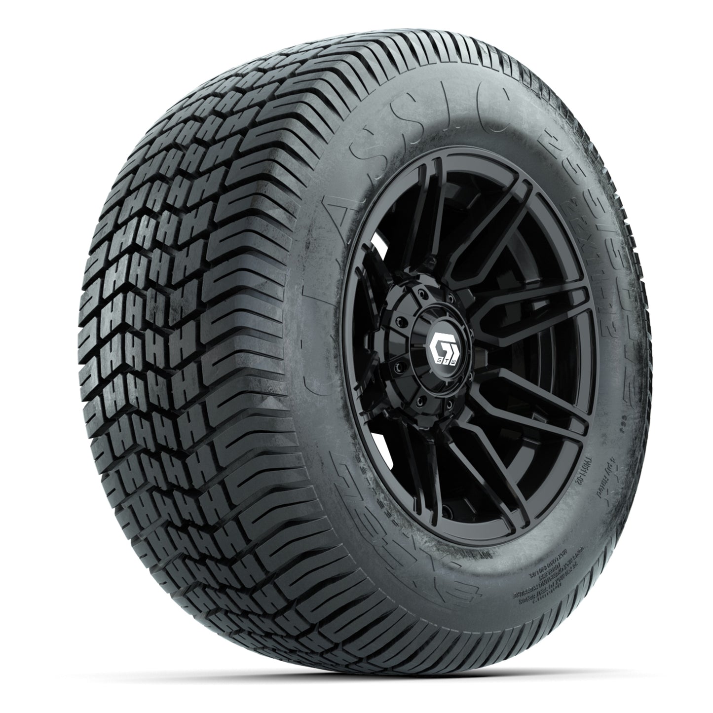 GTW® Stealth Gloss Black 12 in Wheels with 255/50-12 Excel Classic Street Tires – Full Set
